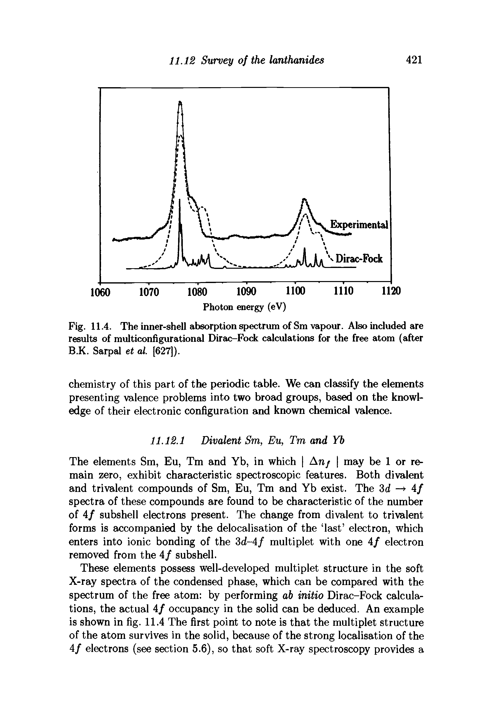 Fig. 11.4. The inner-shell absorption spectrum of Sm vapour. Also included are results of multiconfigurational Dirac-Fock calculations for the free atom (after B.K. Sarpal et al. [627]).