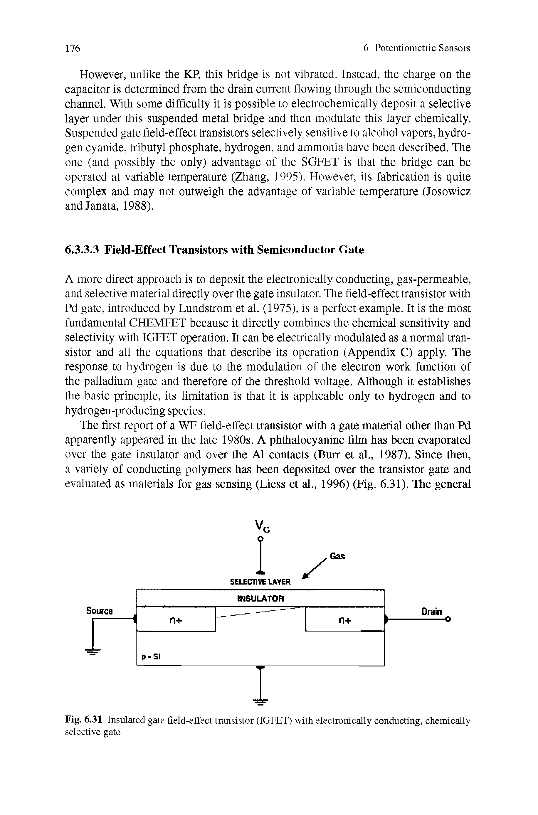 Fig. 6.31 Insulated gate field-effect transistor (IGFET) with electronically conducting, chemically selective gate...