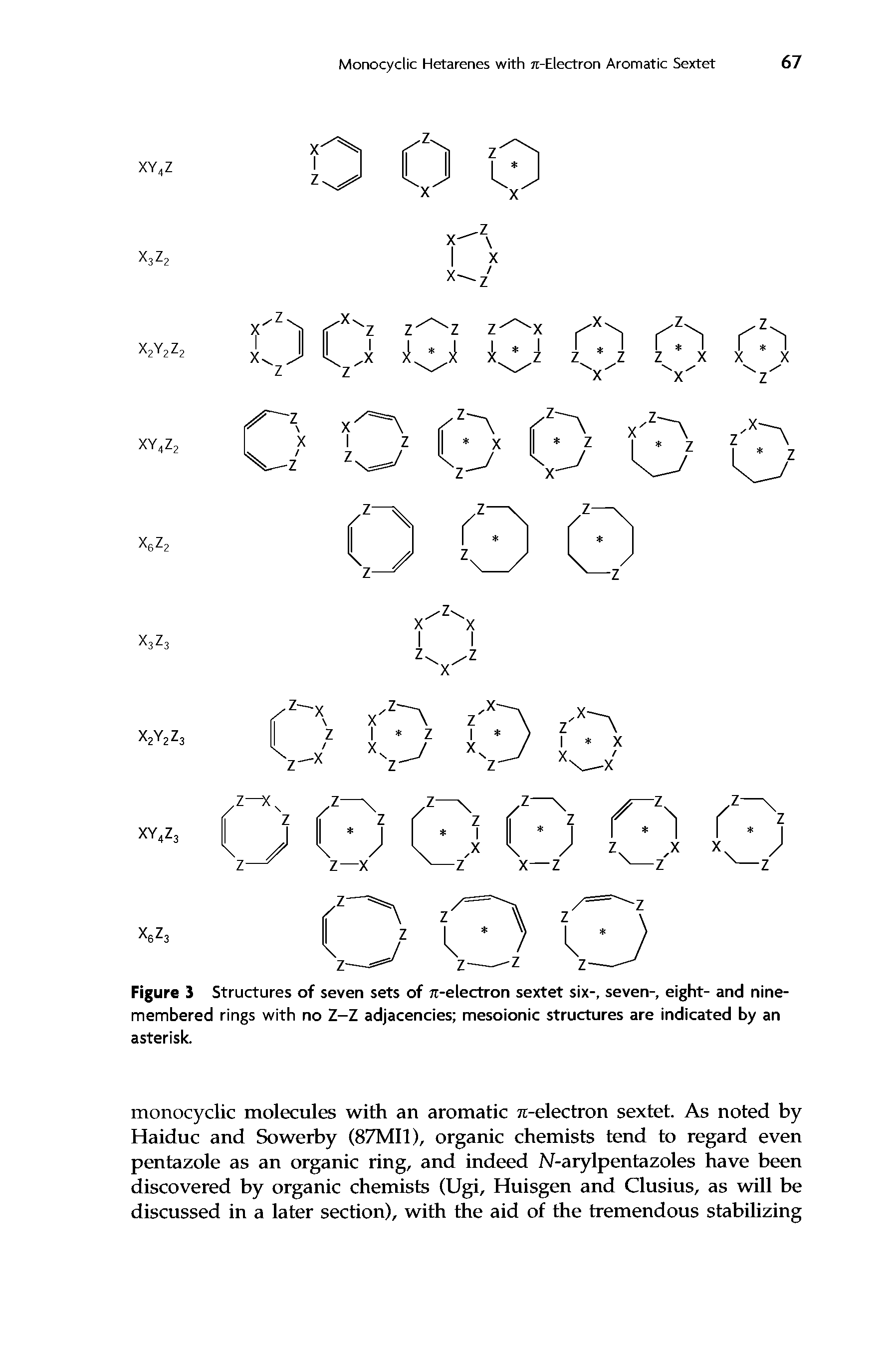 Figure 3 Structures of seven sets of 7t-electron sextet six-, seven-, eight- and nine-membered rings with no Z-Z adjacencies mesoionic structures are indicated by an asterisk.