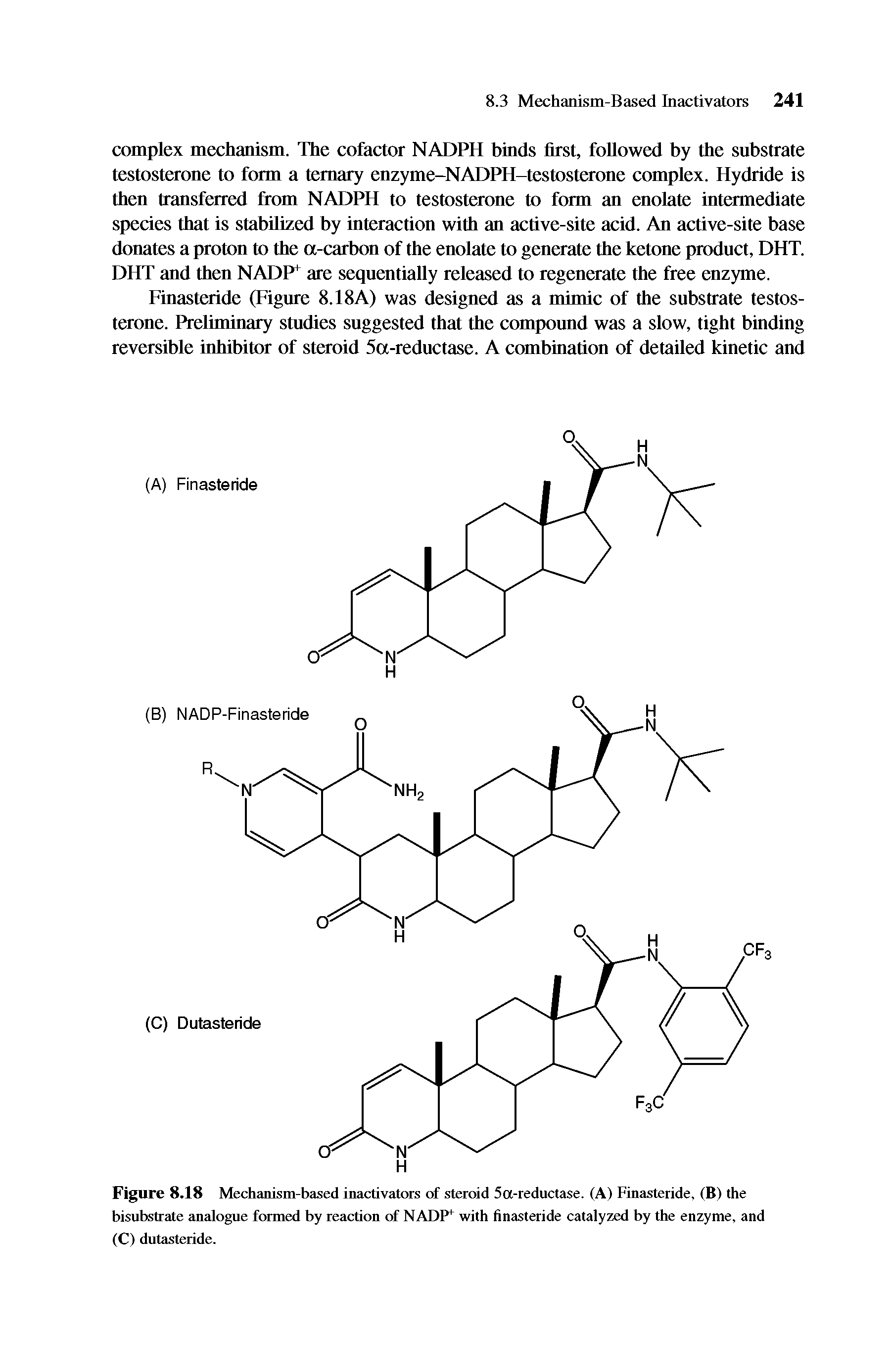 Figure 8.18 Mechanism-based inactivators of steroid 5a-reductase. (A) Finasteride, (B) the bisubstrate analogue formed by reaction of NADP1 with finasteride catalyzed by the enzyme, and (C) dutasteride.