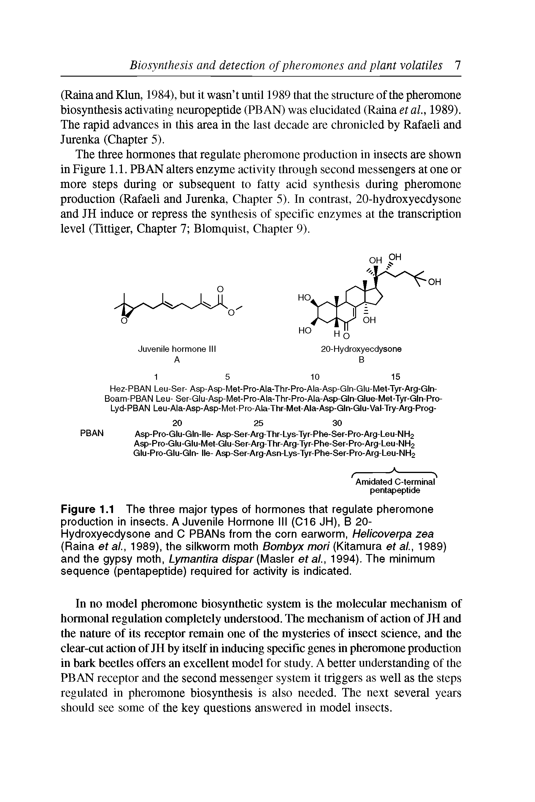 Figure 1.1 The three major types of hormones that regulate pheromone production in insects. A Juvenile Hormone III (C16 JH), B 20-Hydroxyecdysone and C PBANs from the corn earworm, Helicoverpa zea (Raina et al., 1989), the silkworm moth Bombyx mori (Kitamura et al., 1989) and the gypsy moth, Lymantira dispar (Master et al., 1994). The minimum sequence (pentapeptide) required for activity is indicated.