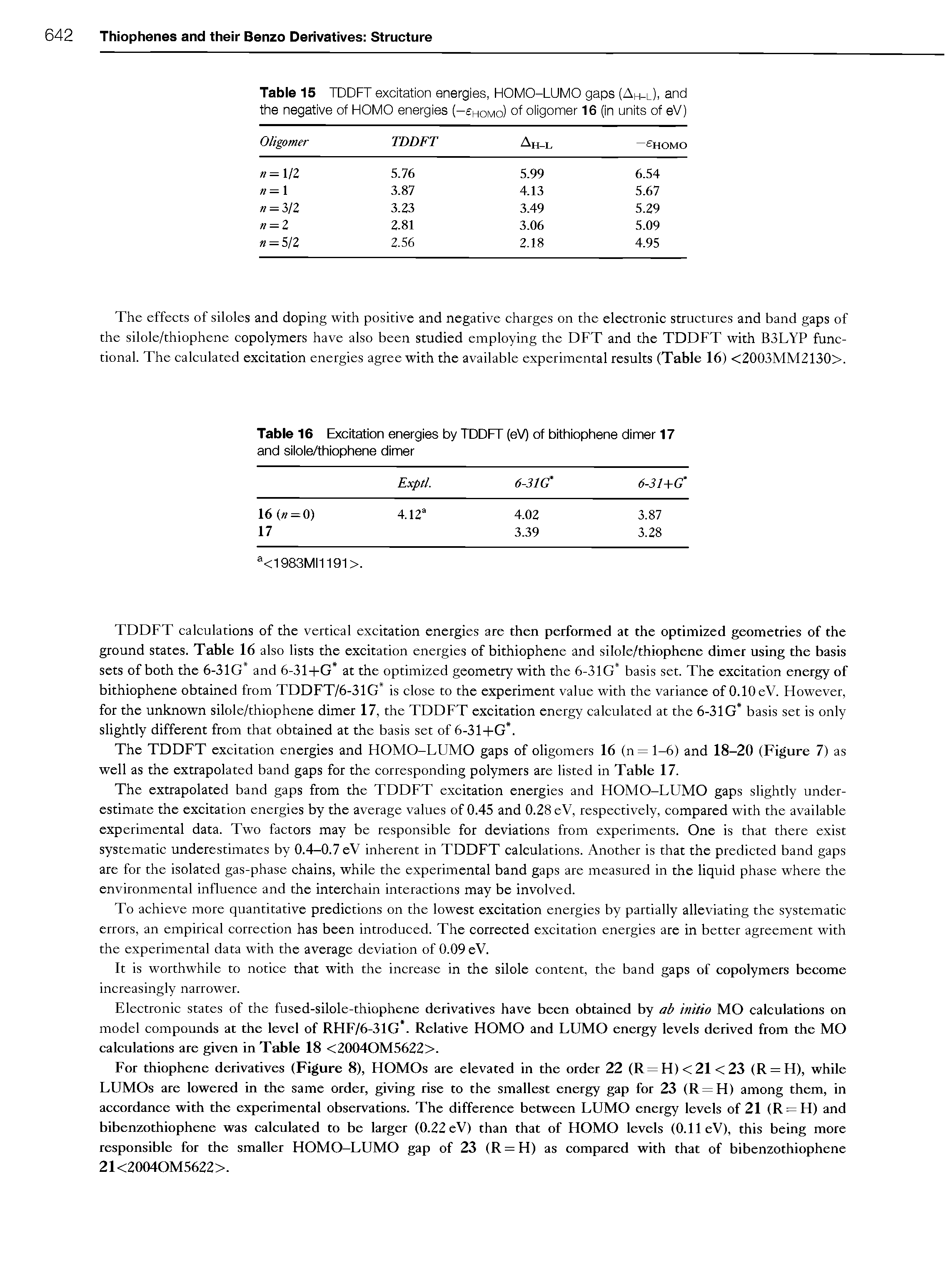 Table 15 TDDFT excitation energies, HOMO-LUMO gaps (Ah l), and the negative of HOMO energies (-shomo) of oiigomer 16 (in units of eV)...