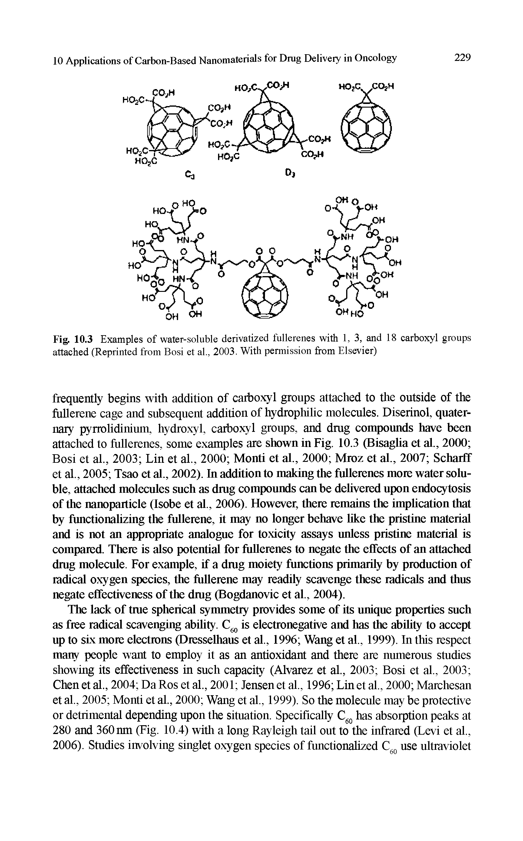 Fig. 10.3 Examples of water-soluble derivatized fullerenes with 1, 3, and 18 carboxyl groups attached (Reprinted from Bosi et al., 2003. With permission from Elsevier)...