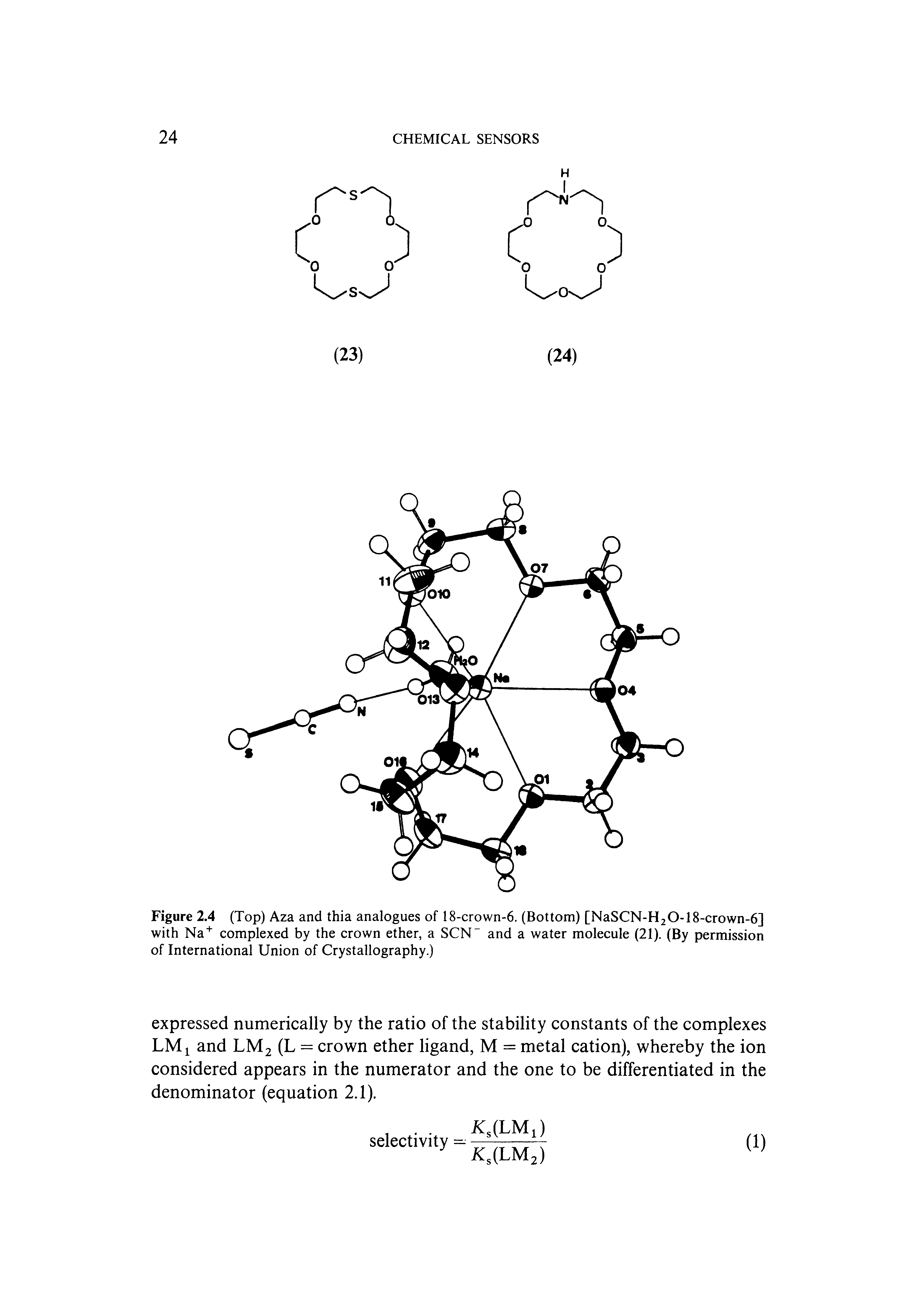 Figure 2.4 (Top) Aza and thia analogues of 18-crown-6. (Bottom) [NaSCN-H20-18-crown-6] with Na" complexed by the crown ether, a SCN and a water molecule (21). (By permission of International Union of Crystallography.)...