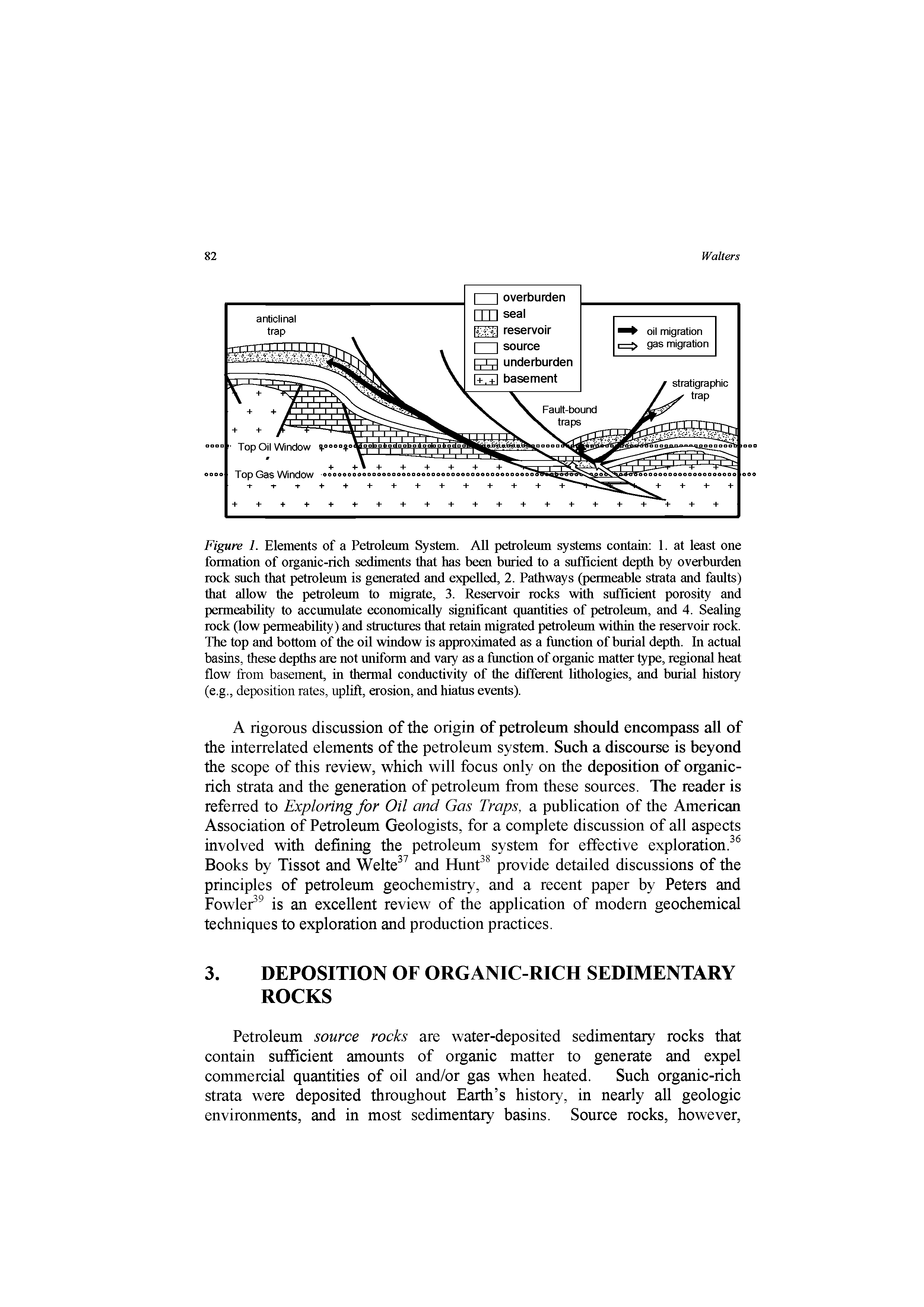 Figure I. Elements of a Petroleum System. All petroleum systems contain 1. at least one formation of organic-rich sediments that has been buried to a sufficient depth by overburden rock such that petroleum is generated and expelled, 2. Pathways (permeable strata and faults) that allow the petroleum to migrate, 3. Reservoir rocks with sufficient porosity and permeability to accumulate economically significant quantities of petroleum, and 4. Sealing rock (low permeability) and structures that retain migrated petroleum within the reservoir rock. The top and bottom of the oil window is approximated as a function of burial depth. In actual basins, these depths are not uniform and vary as a function of organic matter type, regional heat flow from basement, in thermal conductivity of the different lithologies, and burial history (e.g., deposition rates, uplift, erosion, and hiatus events).