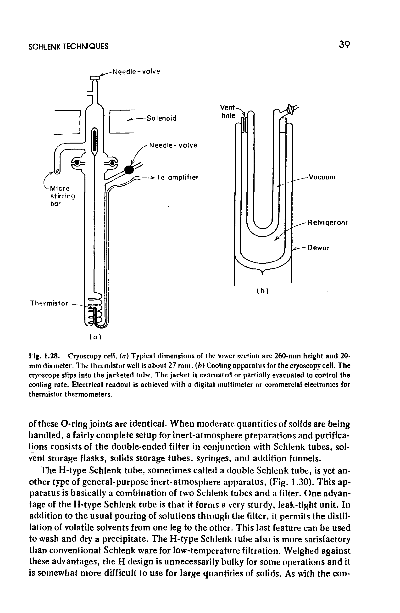 Fig. 1.28. Cryoscopy cell, (a) Typical dimensions of the lower section are 260-mm height and 20-mm diameter. The thermistor well is about 27 mm. (b) Cooling apparatus for the cryoscopy cell. The cryoscope slips into the jacketed tube. The jacket is evacuated or partially evacuated to control the cooling rate. Electrical readout is achieved with a digital multimeter or commercial electronics for thermistor thermometers.