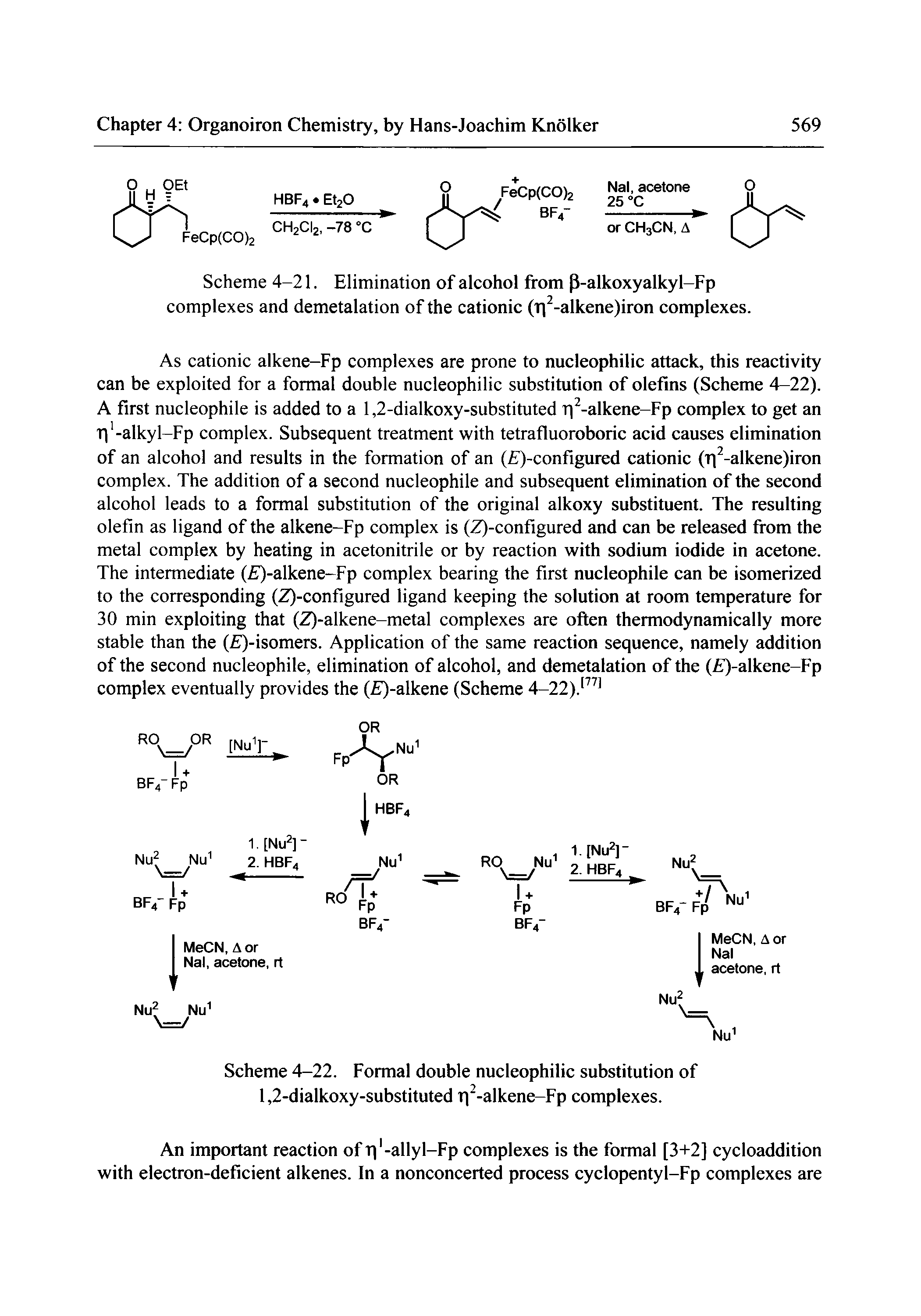 Scheme 4-21. Elimination of alcohol from P-alkoxyalkyl-Fp complexes and demetalation of the cationic (Ti -alkene)iron complexes.