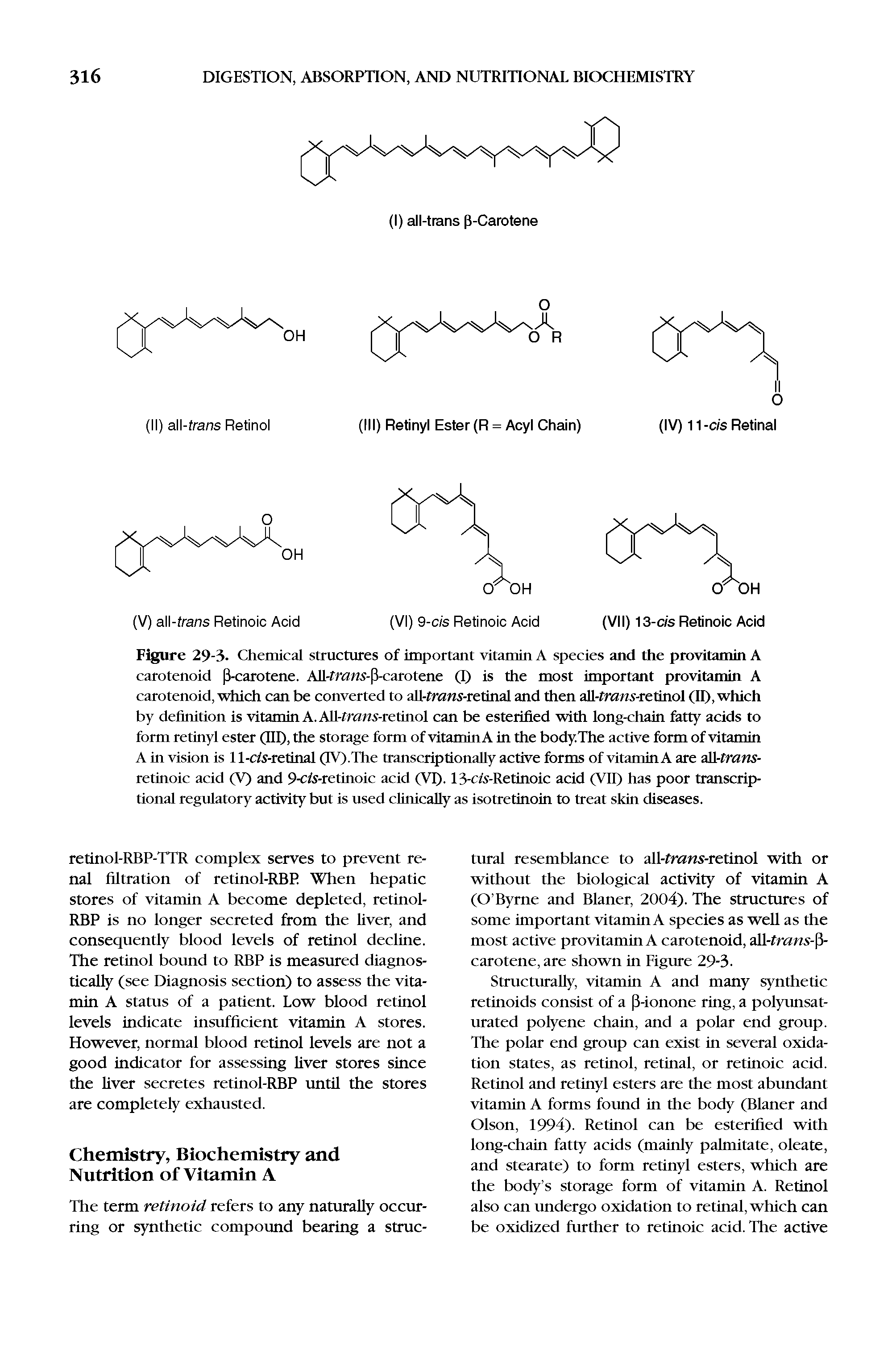 Figure 29-3. Chemical structures of important vitamin A species and the provitamin A carotenoid i-carotene. All-fra/w-fi-carolene (T) is the most important provitamin A carotenoid, which can be converted to all-fraws-retinal and then all-tram-retinol (If), which by definition is vitamin A. All-tram-retinol can be esterified with long-chain fatty acids to form retinyl ester (III), the storage form of vitaminA in the body.The active form of vitamin A in vision is 11-cts-retinal (TV).The transcriptionally active forms of vitaminA are all-tram-retinoic acid (V) and 9-cts-retinoic acid (VI). 13-cA-Retinoic acid (VII) has poor transcriptional regulatory activity but is used clinically as isotretinoin to treat skin diseases.