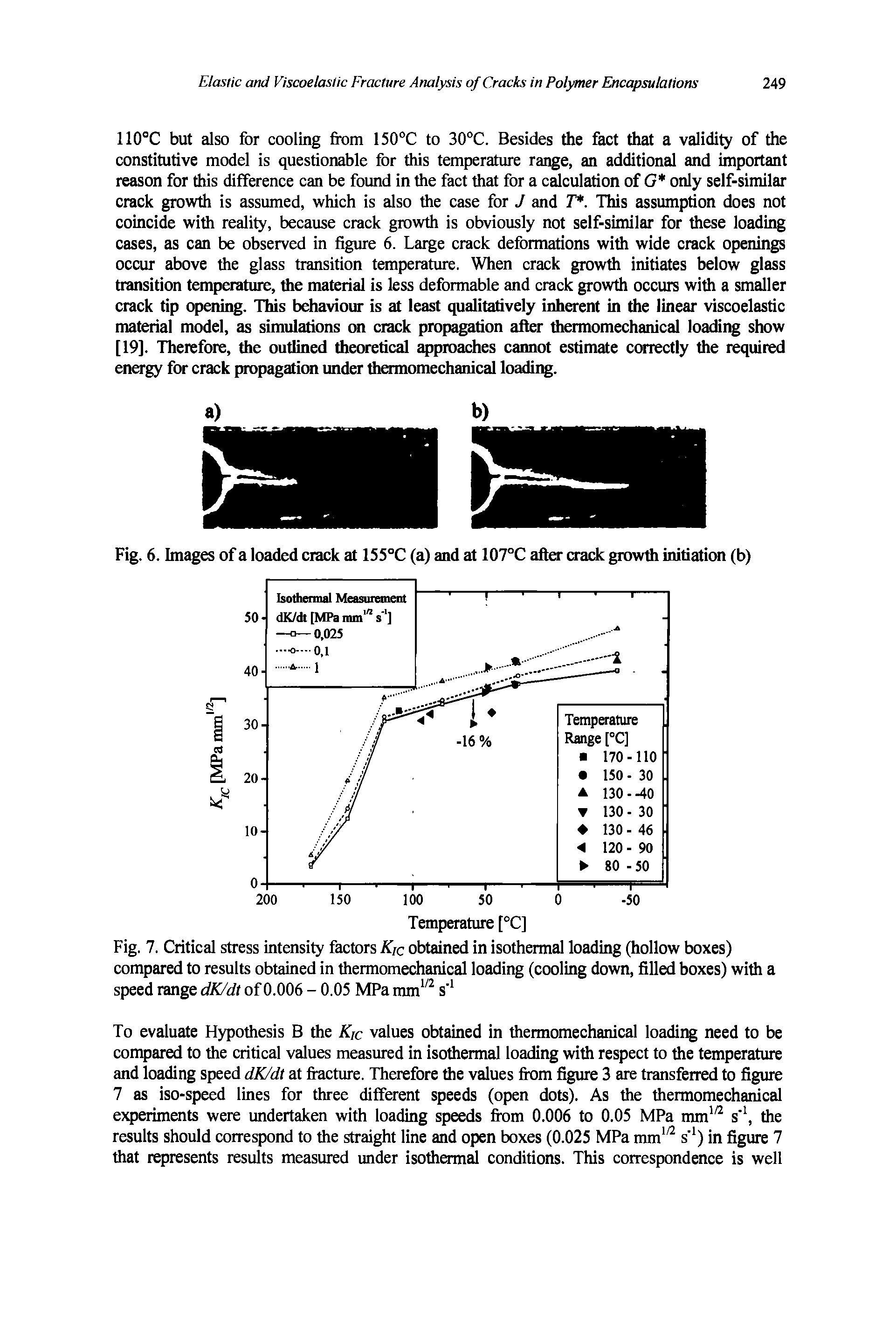 Fig. 6. Images of a loaded crack at 155°C (a) and at 107°C after crack growth initiation (b)...