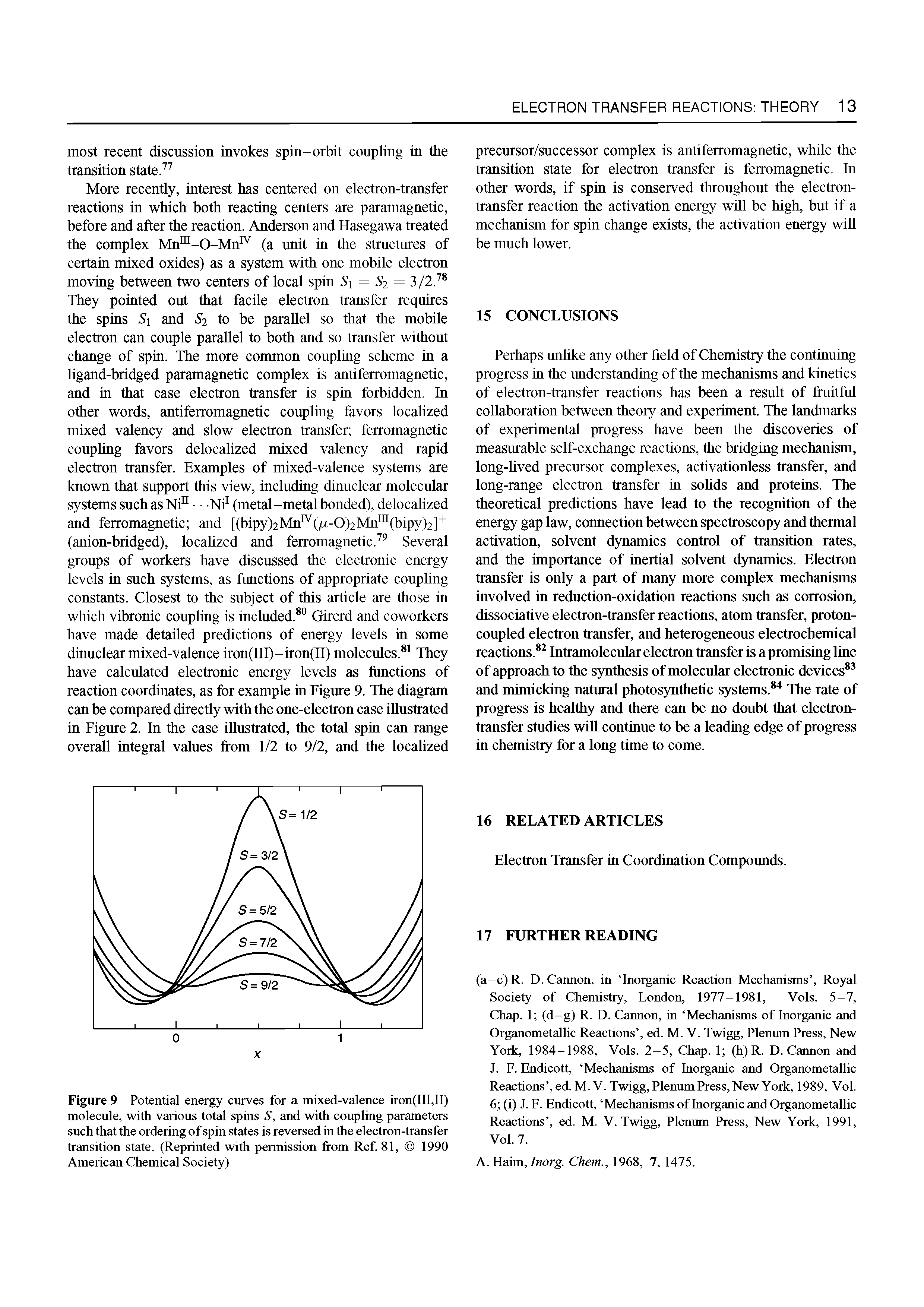 Figure 9 Potential energy curves for a mixed-valence iron(III,II) molecule, with various total spins S, and with coupling parameters such that the ordering of spin states is reversed in the electron-transfer transition state. (Reprinted with permission from Ref. 81, 1990 American Chemical Society)...