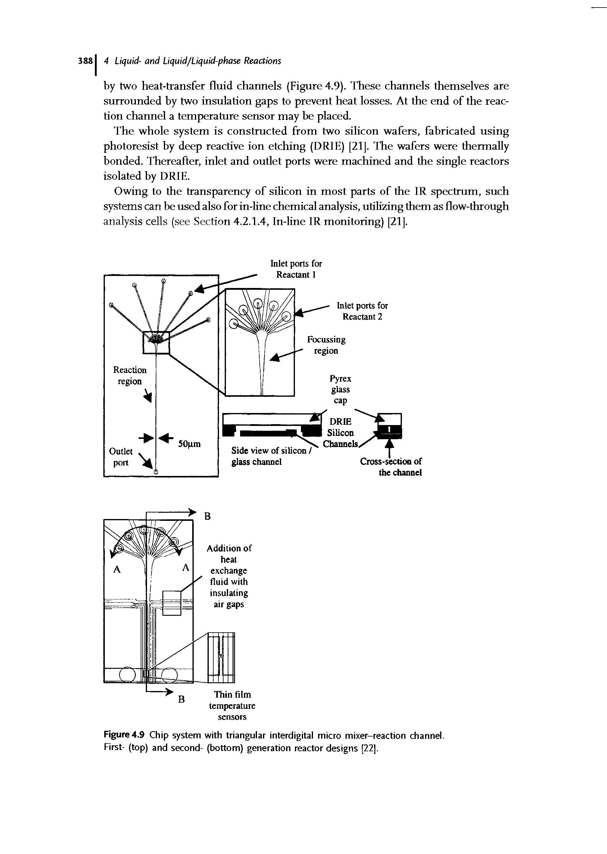 Figure4.9 Chip system with triangular interdigital micro mixer-reaction channel. First- (top) and second- (bottom) generation reactor designs [22],...