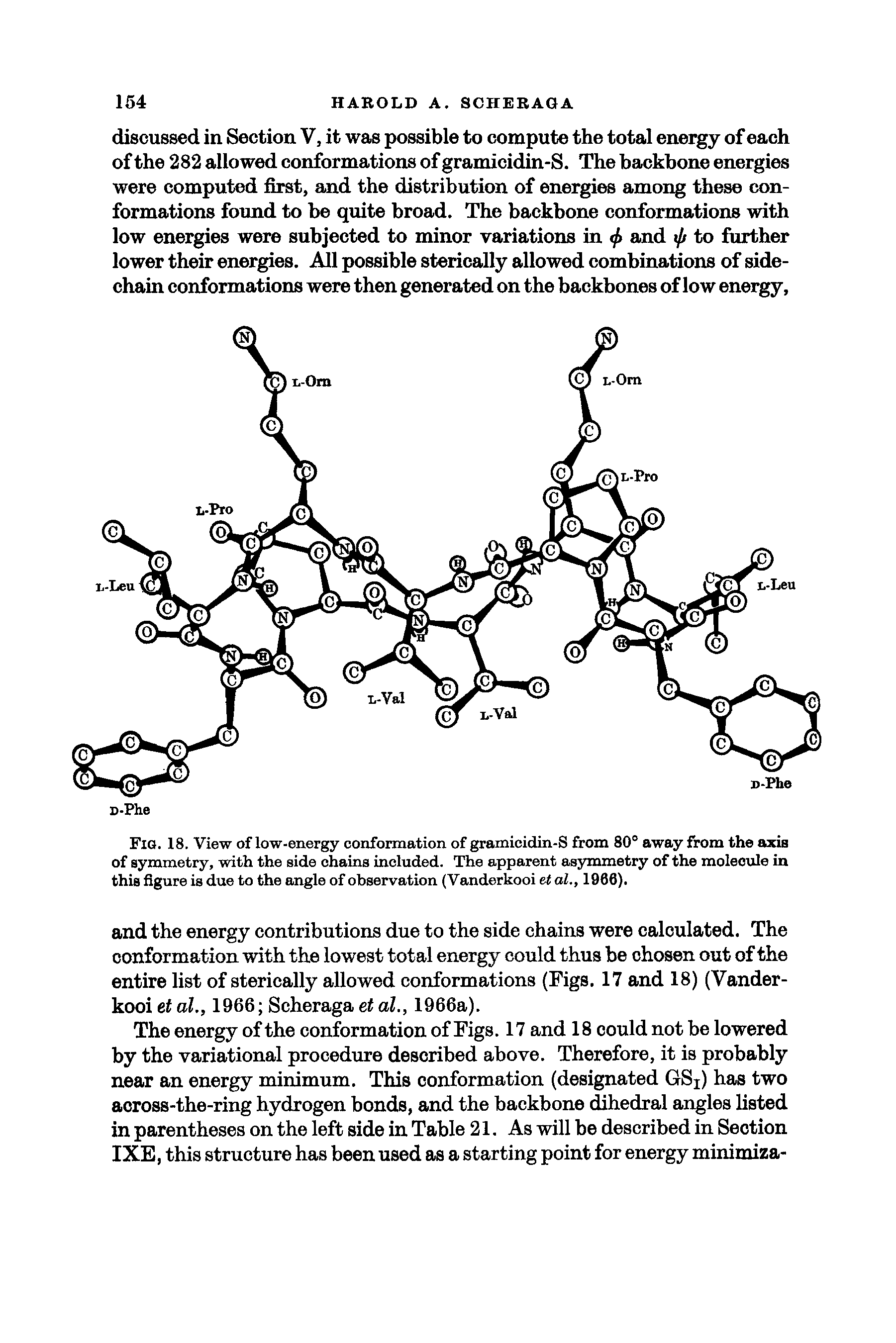 Fig. 18. View of low-energy conformation of gramicidin-S from 80° away from the axis of symmetry, with the side chains included. The apparent asymmetry of the molecule in this figure is due to the angle of observation (Vanderkooi et al., 1966).