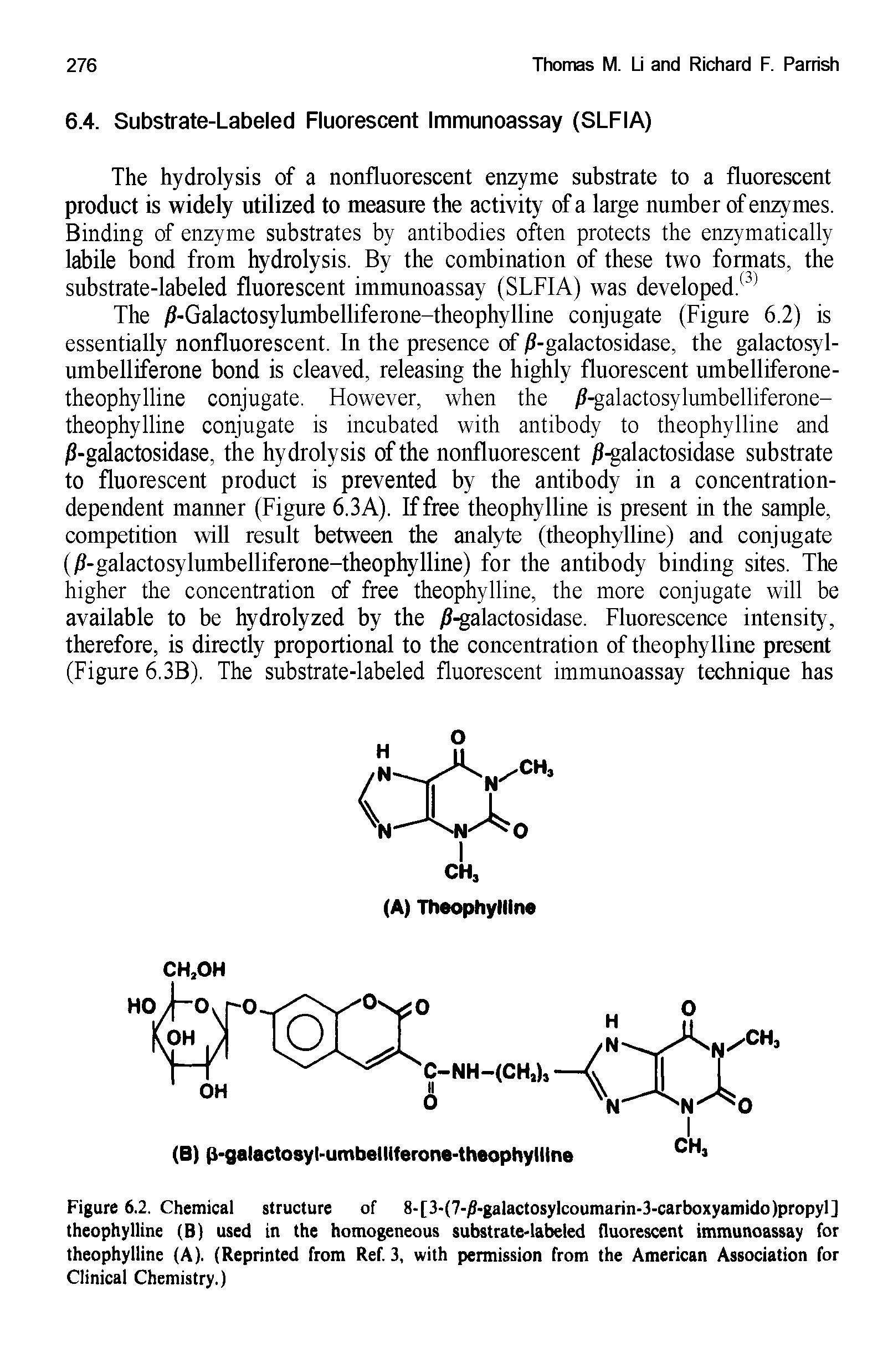 Figure 6.2. Chemical structure of 8-[3-(7-/)-galactosylcoumarin-3-carboxyamido )propyl ] theophylline (B) used in the homogeneous substrate-labeled fluorescent immunoassay for theophylline (A). (Reprinted from Ref. 3, with permission from the American Association for Clinical Chemistry.)...