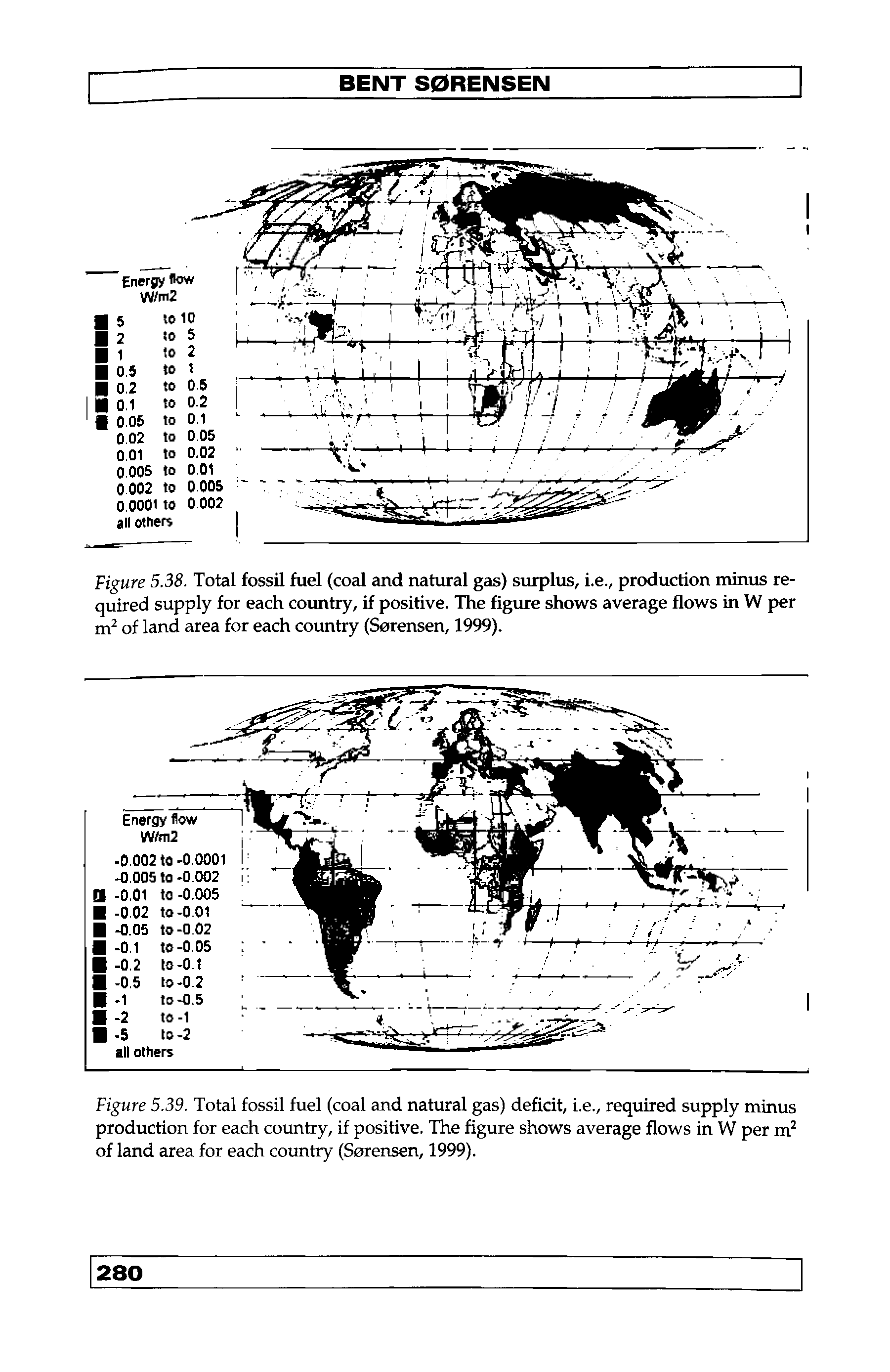 Figure 5.38. Total fossil fuel (coal and natural gas) surplus, i.e., production minus required supply for each country, if positive. The figure shows average flows in W per of land area for each country (Sorensen, 1999).