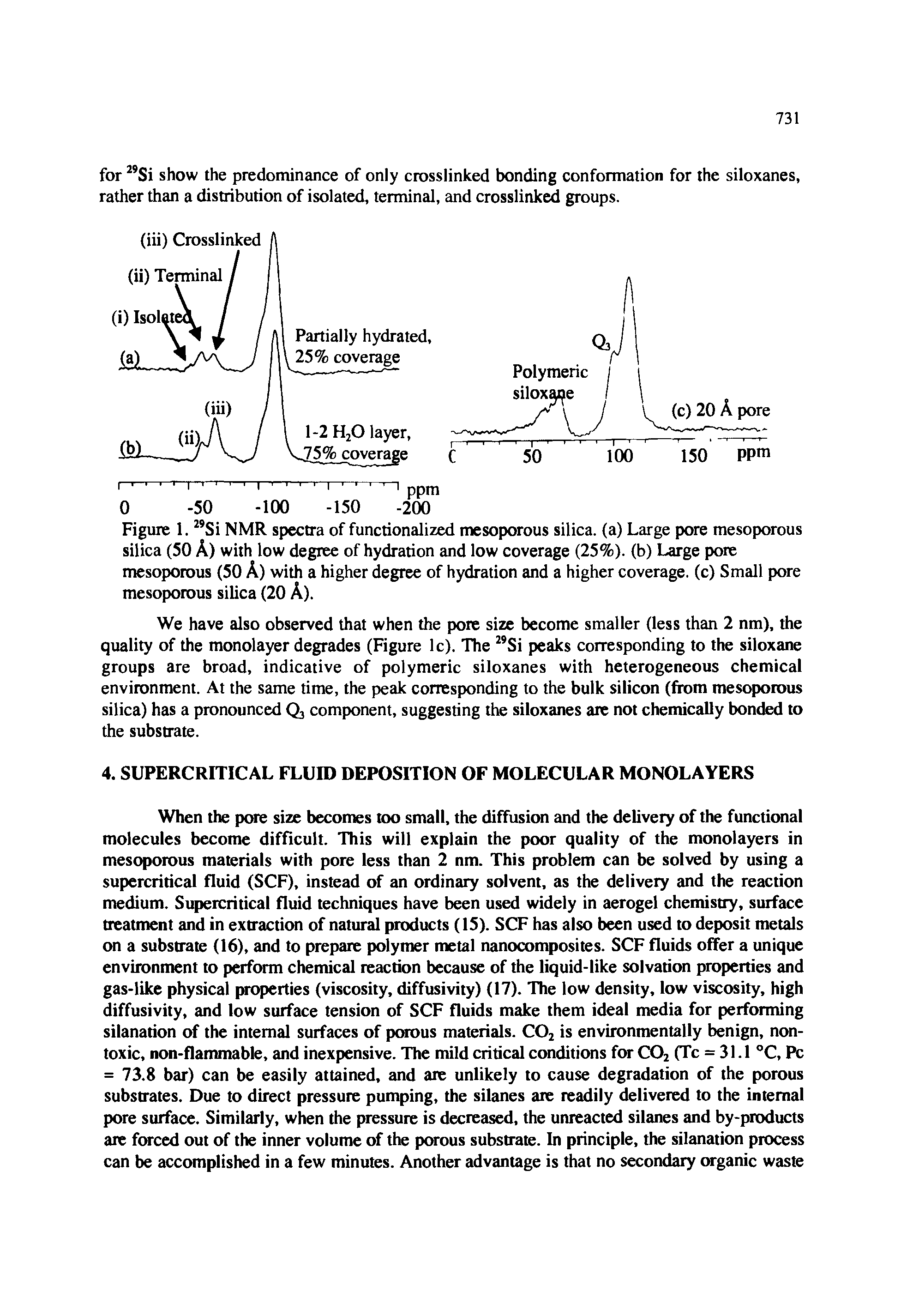 Figure 1.2,Si NMR spectra of functionalized mesoporous silica, (a) Large pore mesoporous silica (50 A) with low degree of hydration and low coverage (25%). (b) Large pore mesoporous (50 A) with a higher degree of hydration and a higher coverage, (c) Small pore mesoporous silica (20 A).