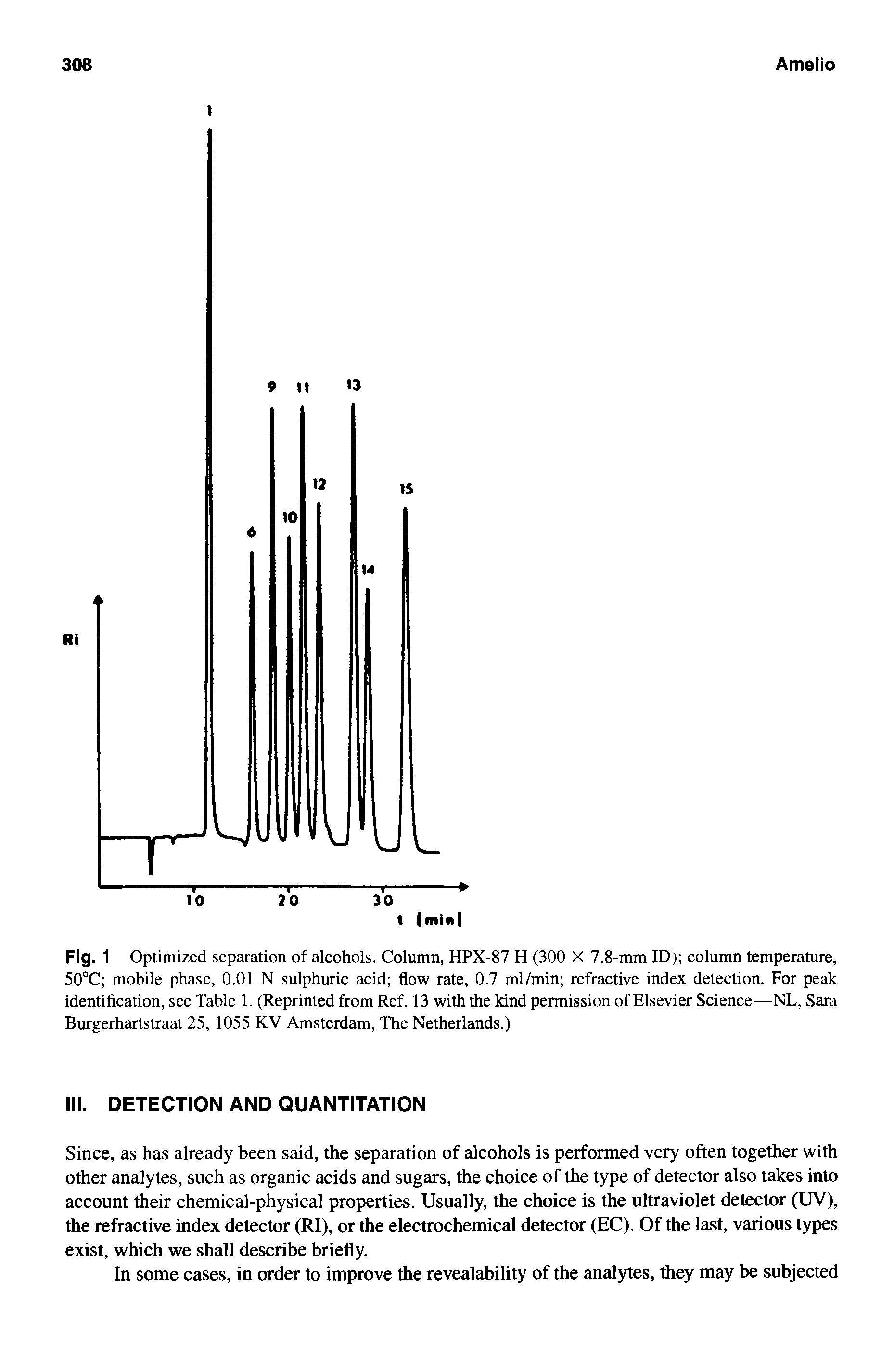 Fig. 1 Optimized separation of alcohols. Column, HPX-87 H (300 X 7.8-mm ID) column temperature, 50°C mobile phase, 0.01 N sulphuric acid flow rate, 0.7 ml/min refractive index detection. For peak identification, see Table 1. (Reprinted from Ref. 13 with the kind permission of Elsevier Science—NL, Sara Burgerhartstraat 25, 1055 KV Amsterdam, The Netherlands.)...