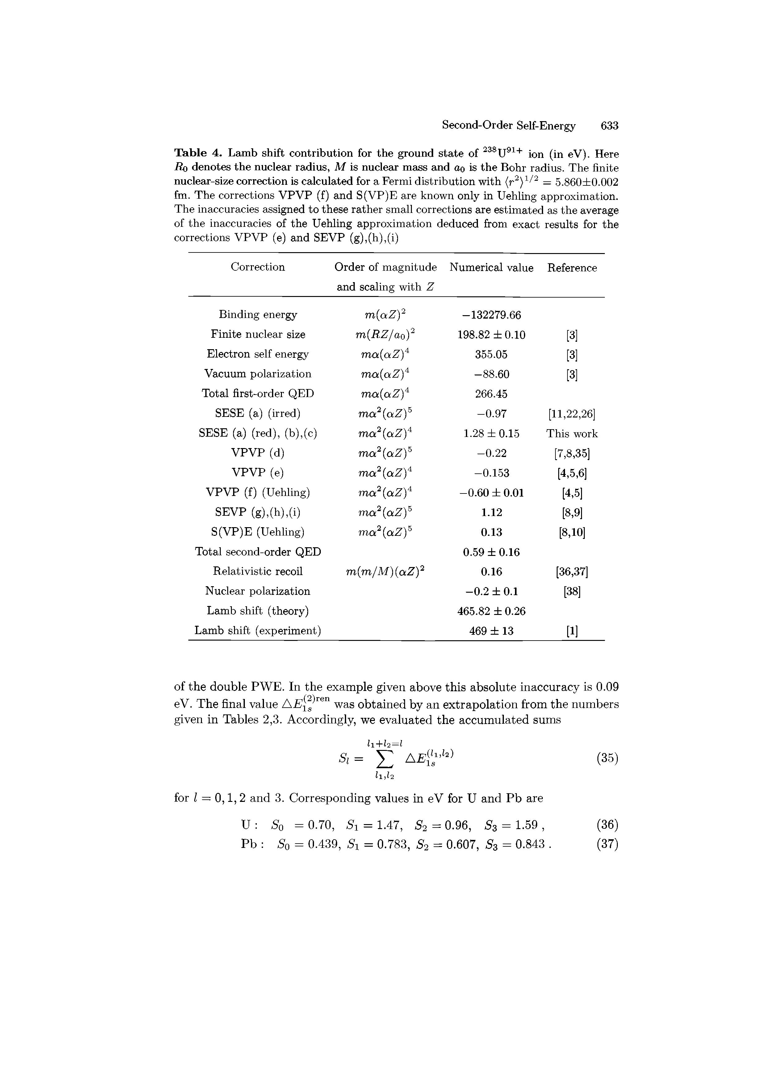 Table 4. Lamb shift contribution for the ground state of 238U91+ ion (in eV). Here Ro denotes the nuclear radius, M is nuclear mass and ao is the Bohr radius. The finite nuclear-size correction is calculated for a Fermi distribution with (r2)1 /2 = 5.860 0.002 fm. The corrections VPVP (f) and S(VP)E are known only in Uehling approximation. The inaccuracies assigned to these rather small corrections are estimated as the average of the inaccuracies of the Uehling approximation deduced from exact results for the corrections VPVP (e) and SEVP (g),(h),(i)...