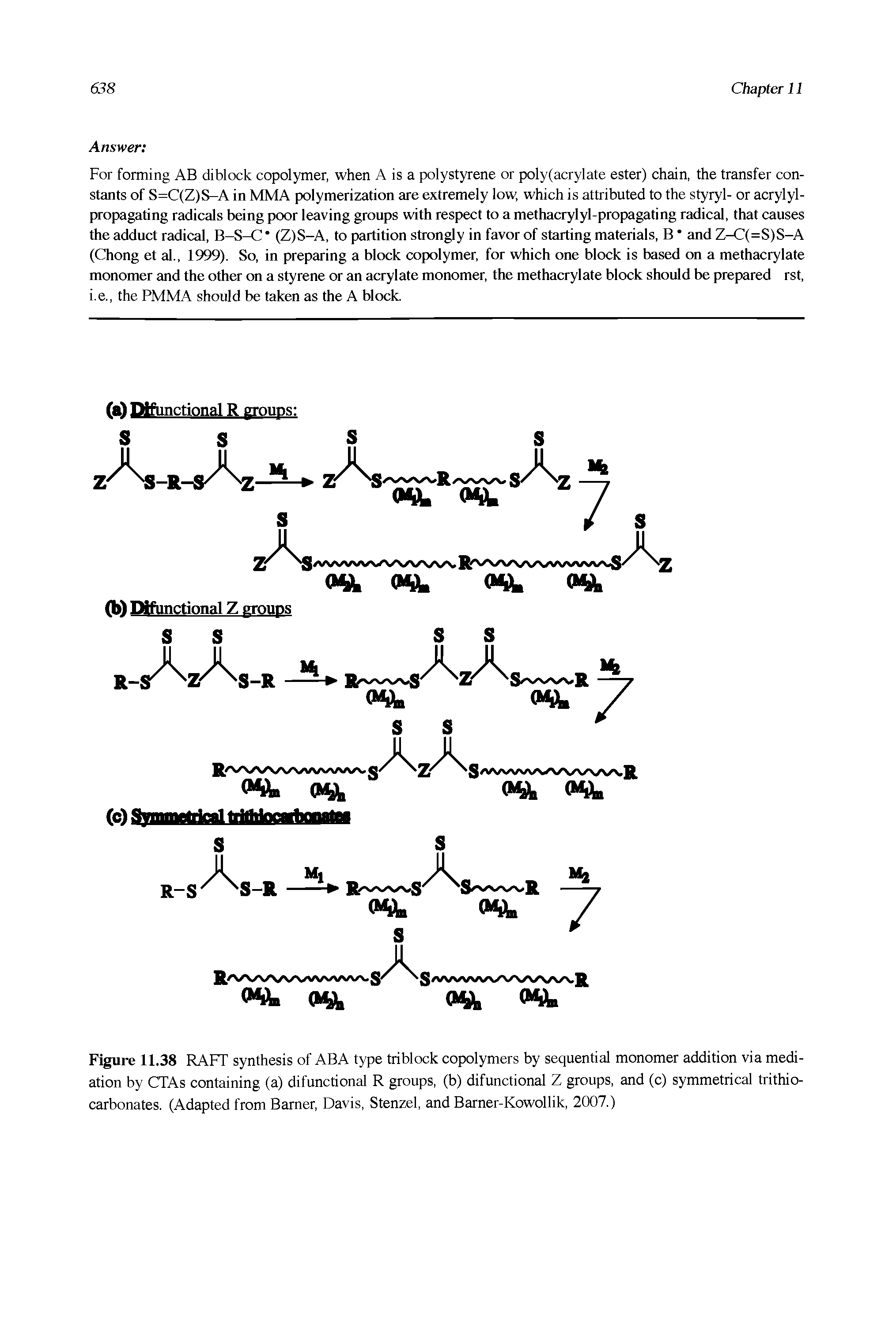 Figure 11.38 RAFT synthesis of ABA type triblock copolymers by sequential monomer addition via mediation by CTAs containing (a) difunctional R groups, (b) difunctional Z groups, and (c) symmetrical trithio-carbonates. (Adapted from Bamer, Davis, Stenzel, and Barner-Kowollik, 2007.)...