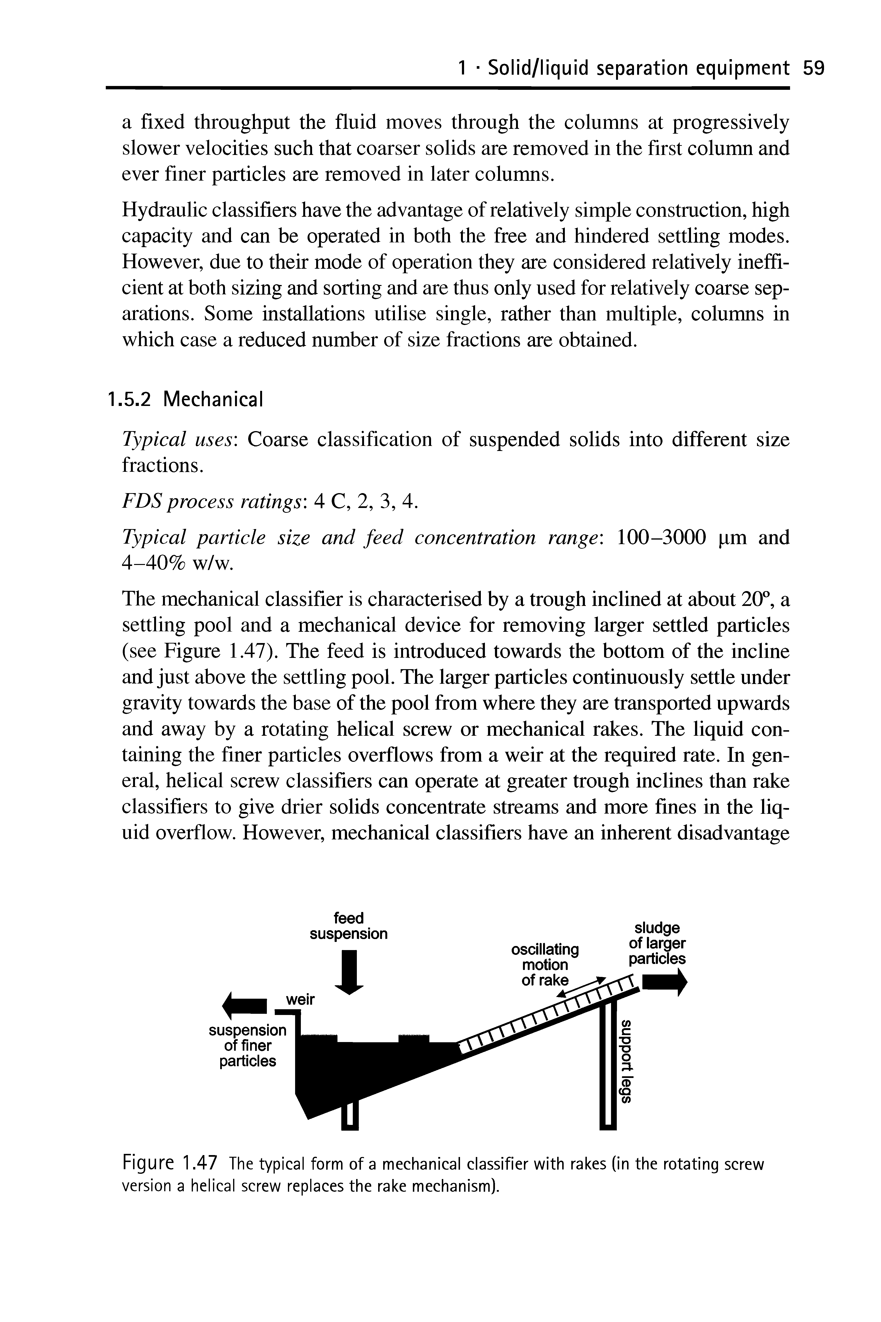 Figure 1.47 The typical form of a mechanical classifier with rakes (in the rotating screw version a helical screw replaces the rake mechanism).