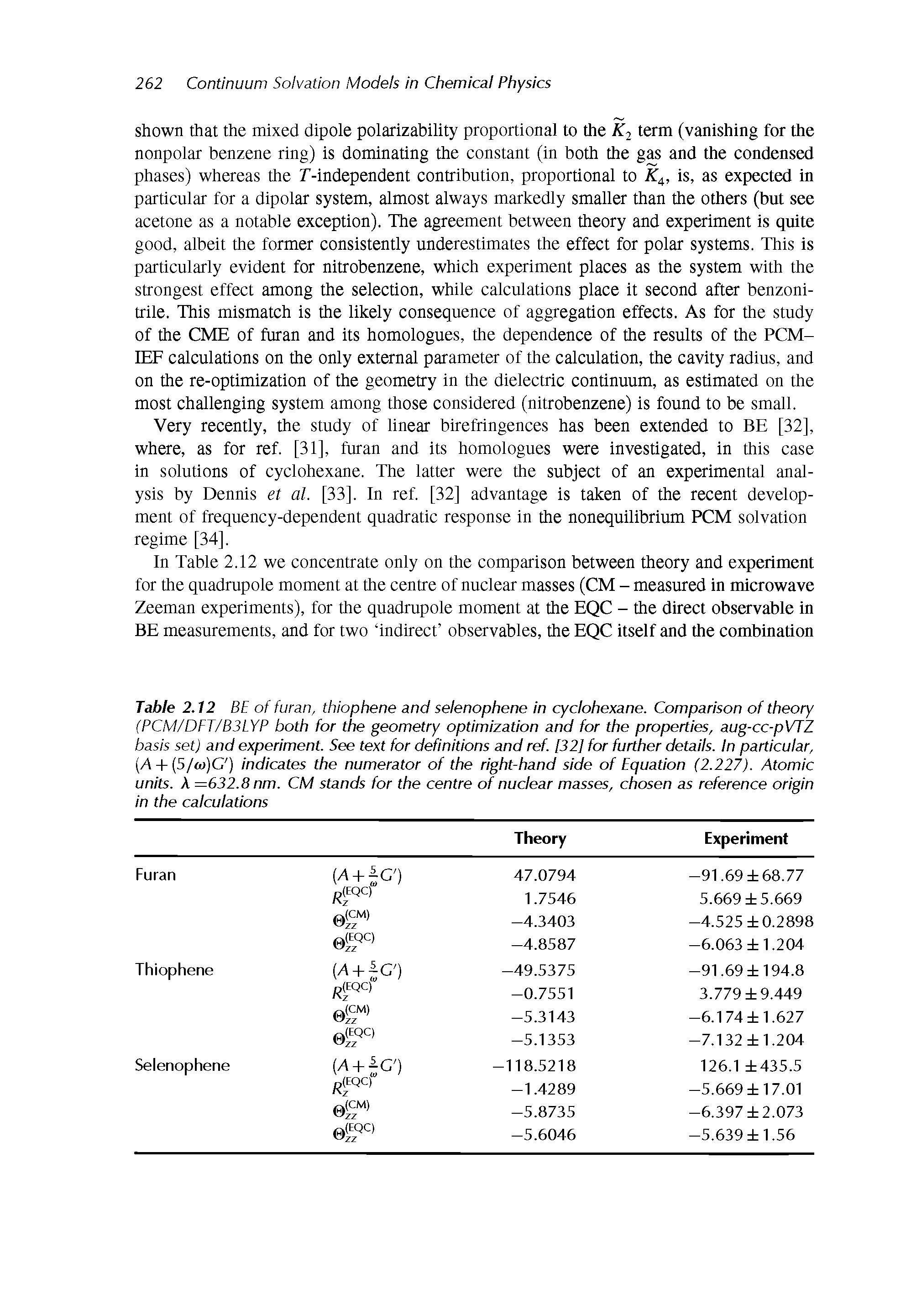 Table 2.12 BE of furan, thiophene and selenophene in cyclohexane. Comparison of theory (PCM/DFT/B3LYP both for the geometry optimization and for the properties, aug-cc-pVTZ basis set) and experiment. See text for definitions and ref. [32] for further details. In particular, i/ + (S/oijC ) indicates the numerator of the right-hand side of Equation (2.227). Atomic units. A =632.8 nm. CM stands for the centre of nuclear masses, chosen as reference origin in the calculations...