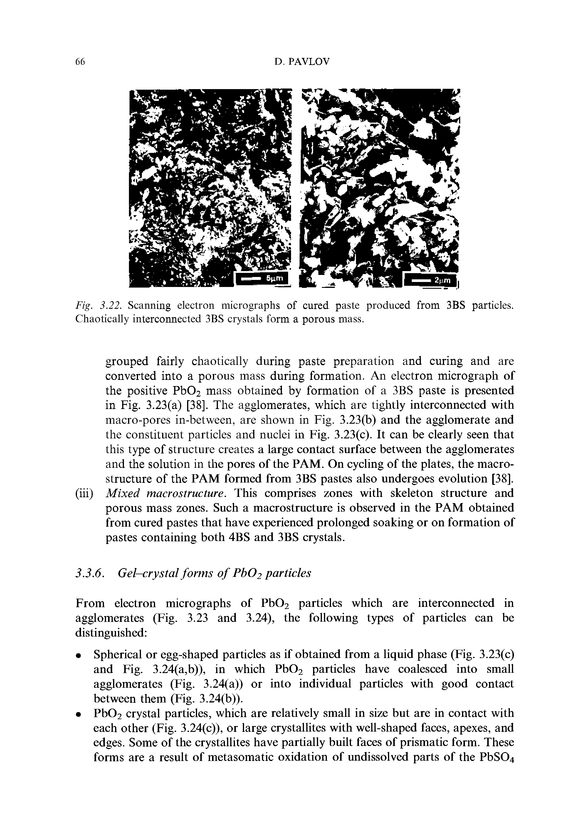 Fig. 3.22. Scanning electron micrographs of cured paste produced from 3BS particles. Chaotically interconnected 3BS crystals form a porous mass.