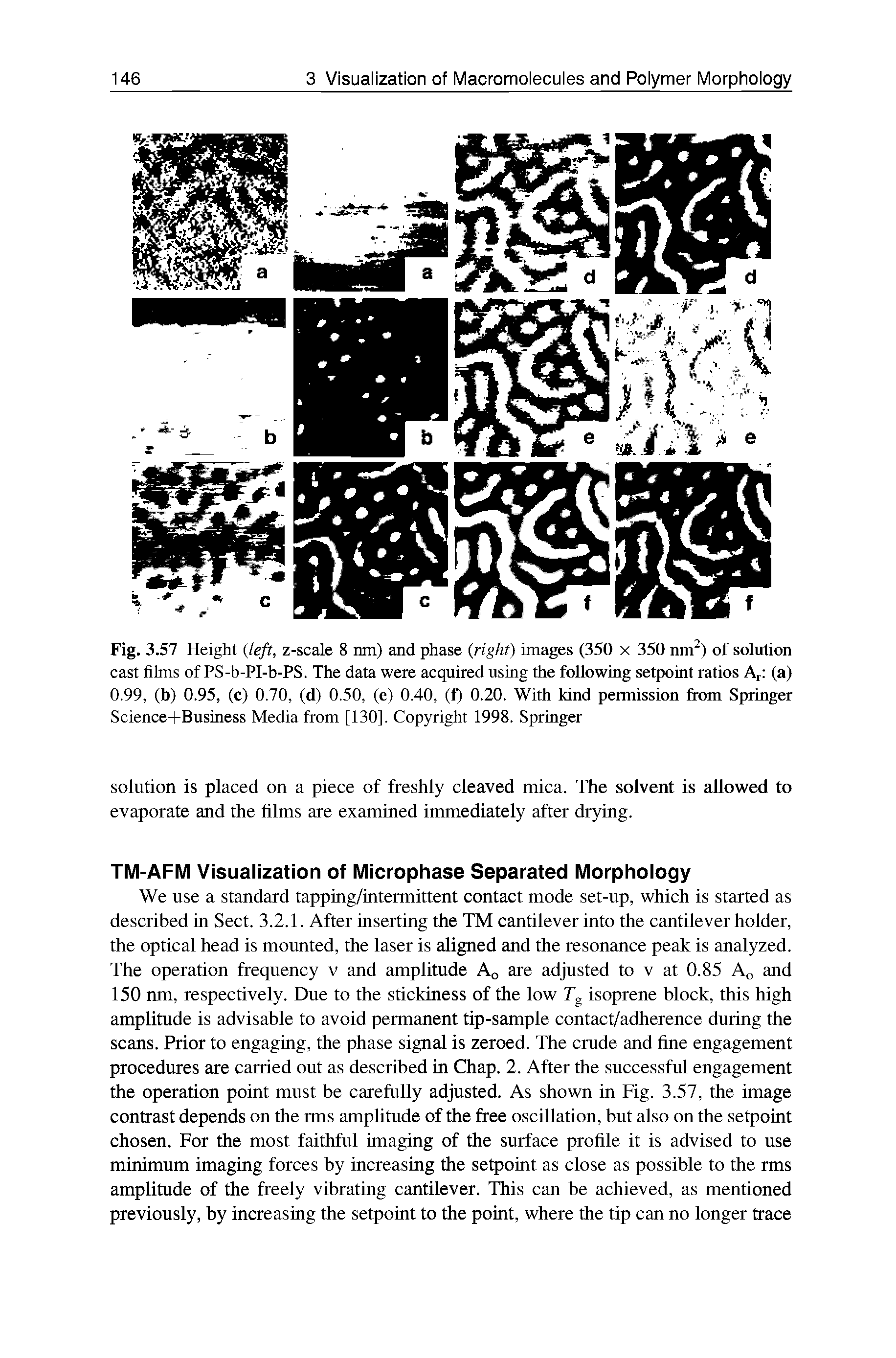 Fig. 3.57 Height left, z-scale 8 nm) and phase right) images (350 x 350 nm2) of solution cast films of PS-b-PI-b-PS. The data were acquired using the following setpoint ratios Ar (a) 0.99, (b) 0.95, (c) 0.70, (d) 0.50, (e) 0.40, (f) 0.20. With kind permission from Springer Science+Business Media from [130], Copyright 1998. Springer...