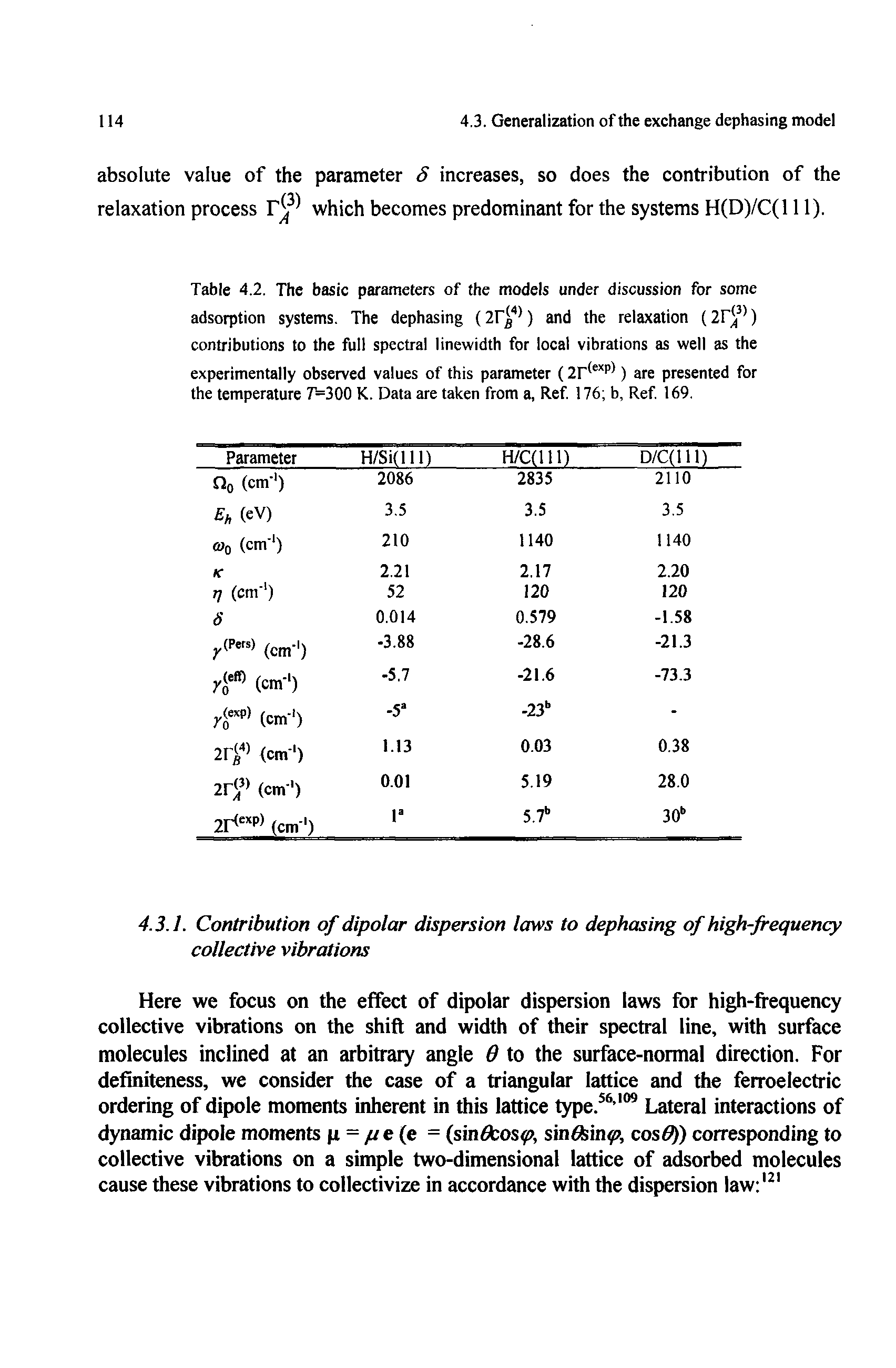 Table 4.2. The basic parameters of the models under discussion for some adsorption systems. The dephasing (2f 4)) and the relaxation (2T 3)) contributions to the full spectral linewidth for local vibrations as well as the...