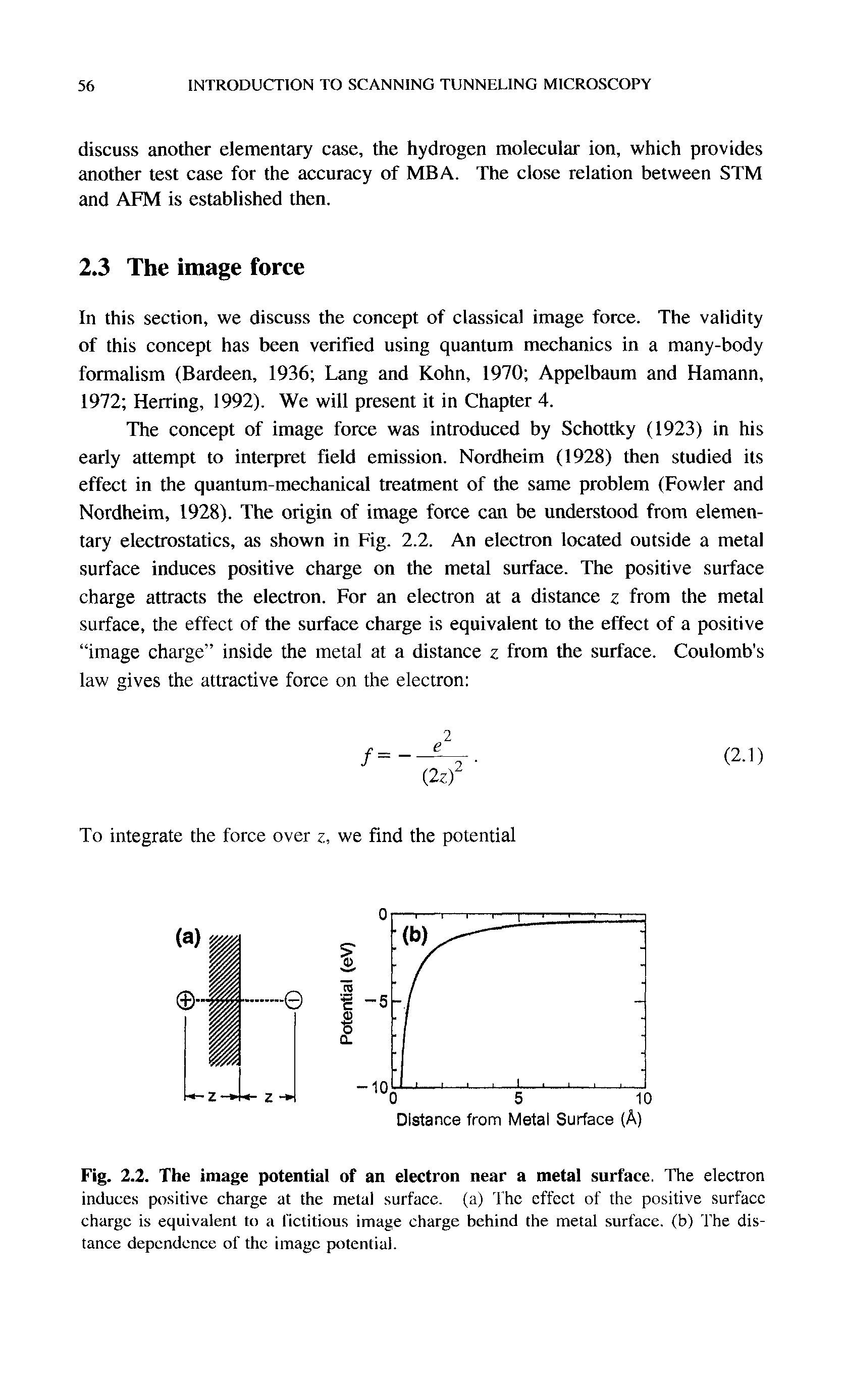 Fig. 2.2. The image potential of an electron near a metal surface. The electron induces positive charge at the metal surface, (a) The effect of the positive surface charge is equivalent to a fictitious image charge behind the metal surface, (b) fhe distance dependence of the image potential.