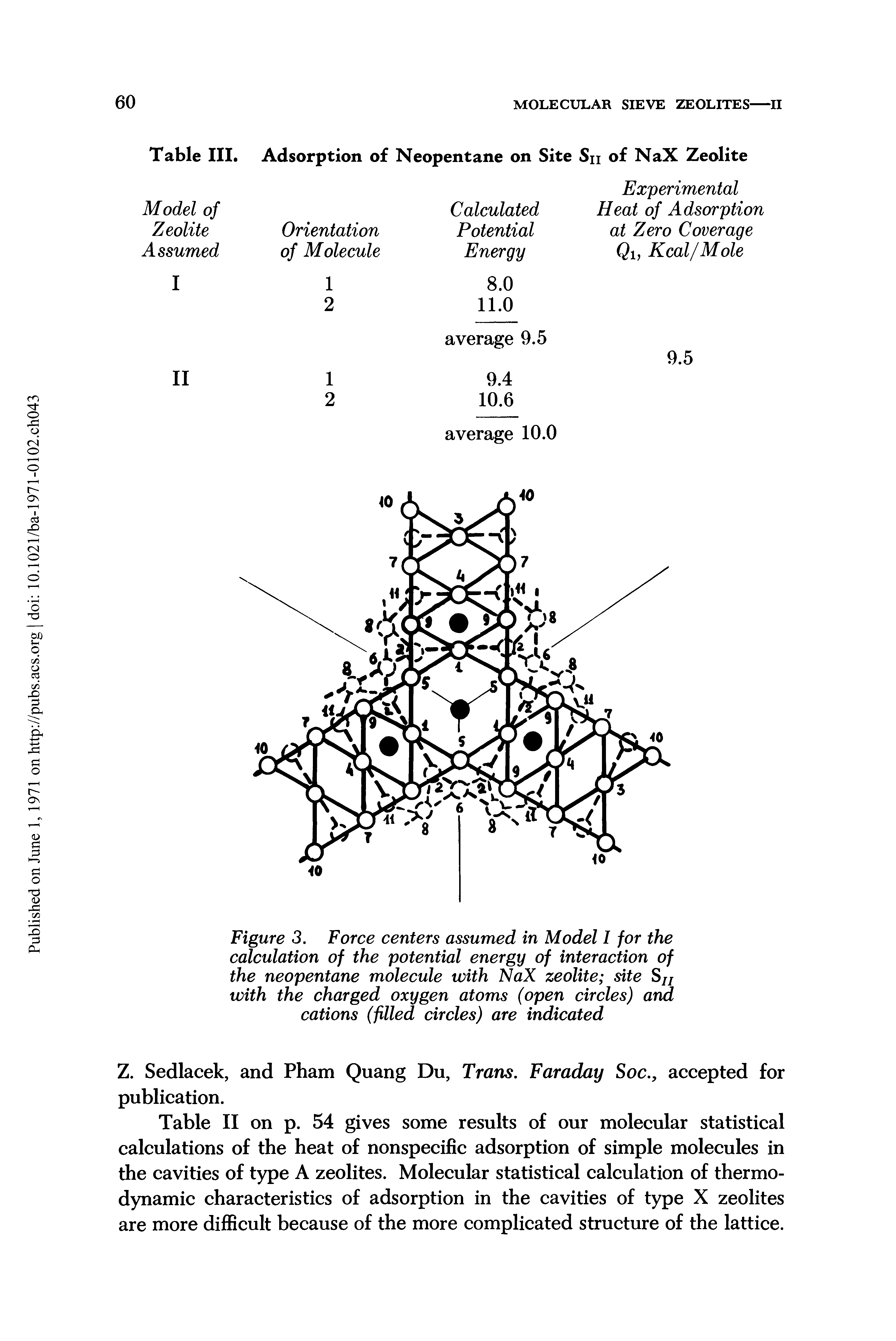 Table II on p. 54 gives some results of our molecular statistical calculations of the heat of nonspecific adsorption of simple molecules in the cavities of type A zeolites. Molecular statistical calculation of thermodynamic characteristics of adsorption in the cavities of type X zeolites are more difficult because of the more complicated structure of the lattice.