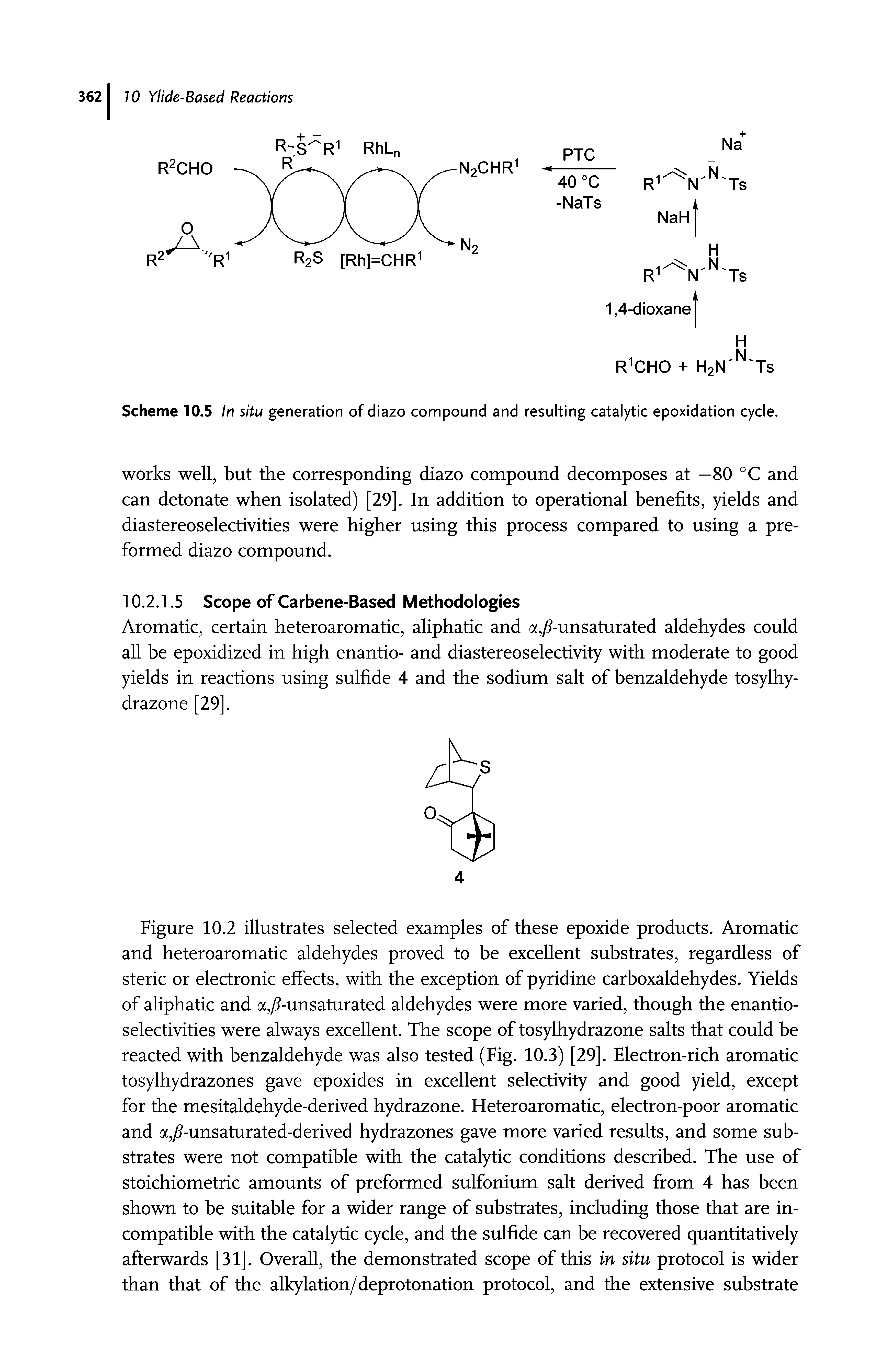 Figure 10.2 illustrates selected examples of these epoxide products. Aromatic and heteroaromatic aldehydes proved to be excellent substrates, regardless of steric or electronic effects, with the exception of pyridine carboxaldehydes. Yields of aliphatic and a,/ -unsaturated aldehydes were more varied, though the enantio-selectivities were always excellent. The scope of tosylhydrazone salts that could be reacted with benzaldehyde was also tested (Fig. 10.3) [29]. Electron-rich aromatic tosylhydrazones gave epoxides in excellent selectivity and good yield, except for the mesitaldehyde-derived hydrazone. Heteroaromatic, electron-poor aromatic and a,/ -unsaturated-derived hydrazones gave more varied results, and some substrates were not compatible with the catalytic conditions described. The use of stoichiometric amounts of preformed sulfonium salt derived from 4 has been shown to be suitable for a wider range of substrates, including those that are incompatible with the catalytic cycle, and the sulfide can be recovered quantitatively afterwards [31]. Overall, the demonstrated scope of this in situ protocol is wider than that of the alkylation/deprotonation protocol, and the extensive substrate...