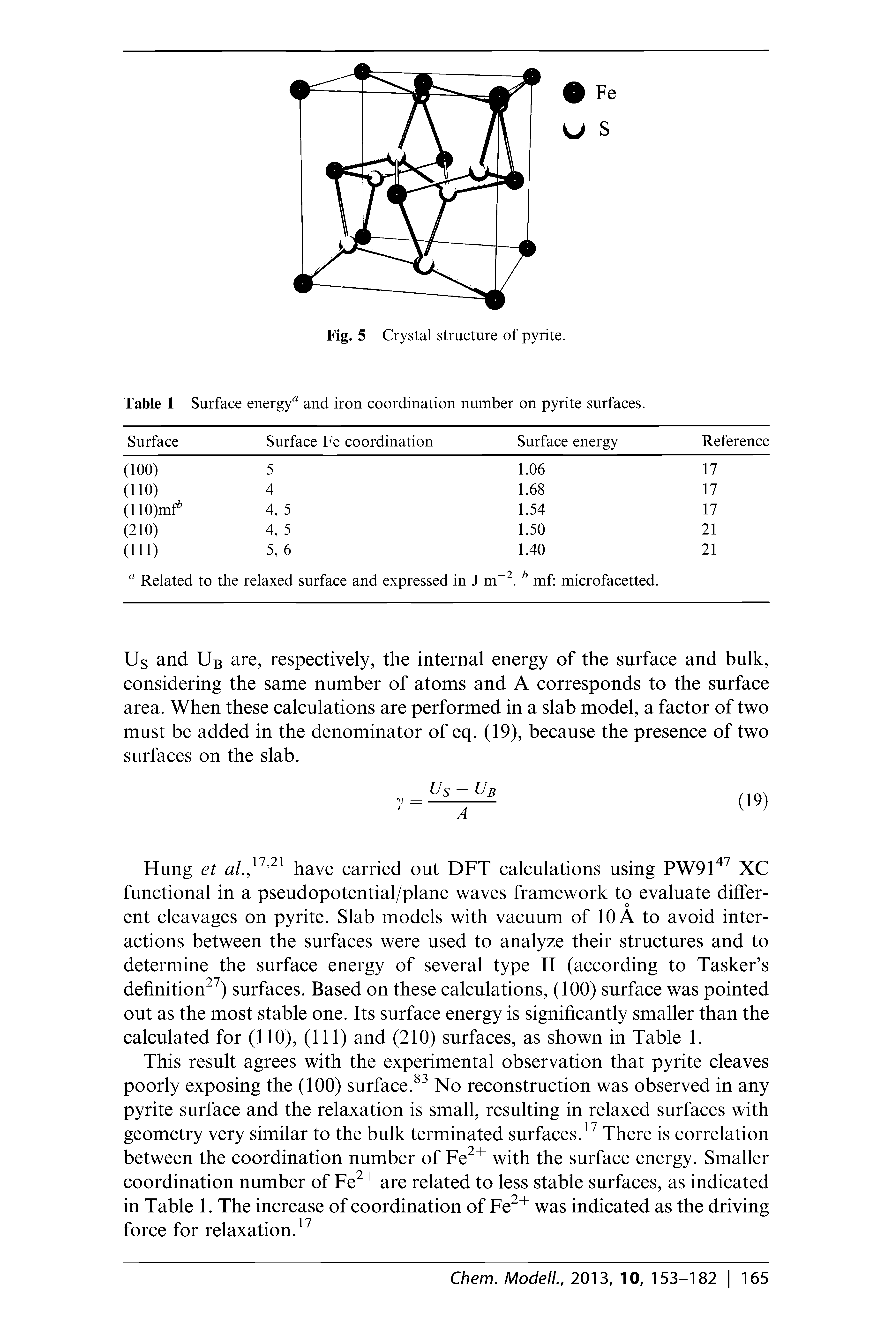 Table 1 Surface energy" and iron coordination number on pyrite surfaces.