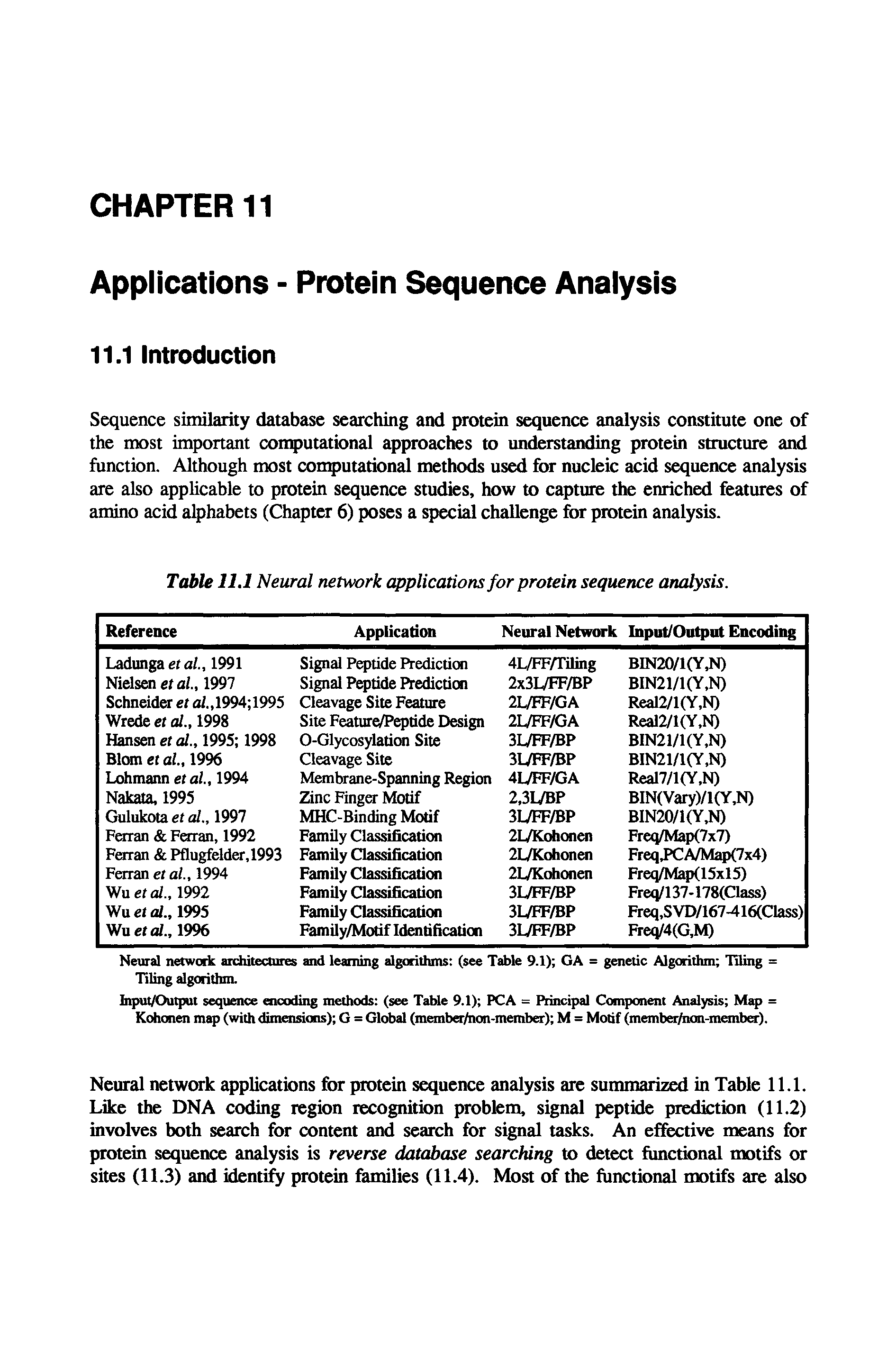 Table 11.1 Neural network applications for protein sequence analysis.