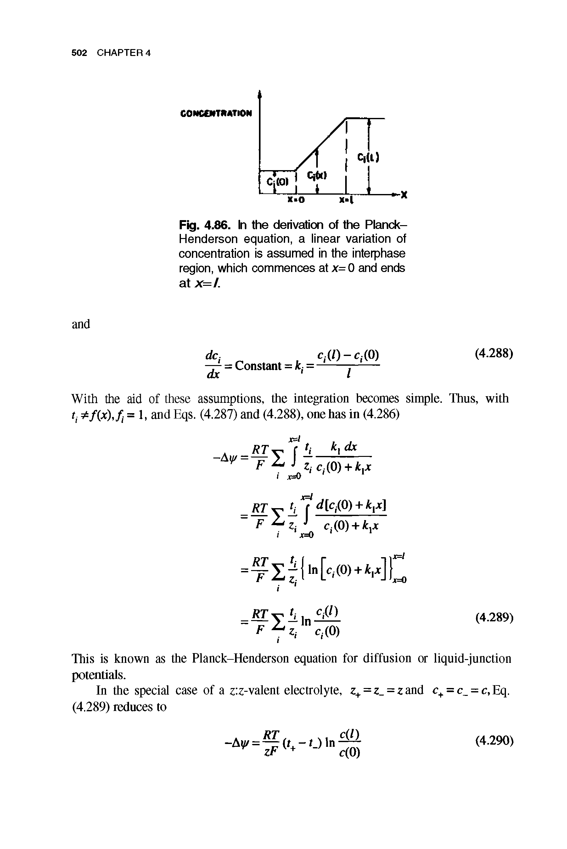 Fig. 4.86. In the derivation of the Planck-Henderson equation, a linear variation of concentration is assumed in the interphase region, which commences atx=0 and ends at x=L...