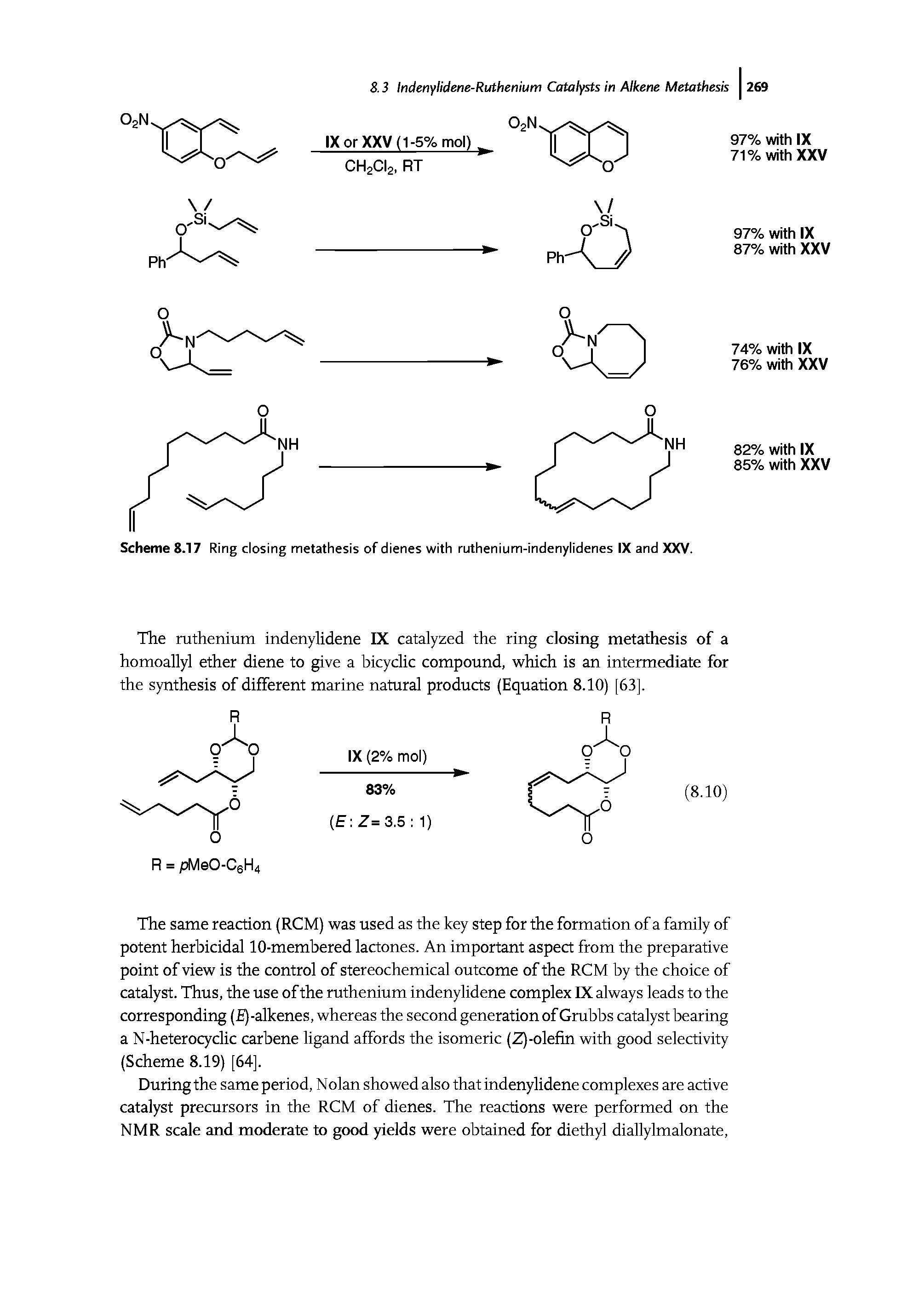 Scheme 8.17 Ring closing metathesis of dienes with ruthenium-indenylidenes IX and XXV.