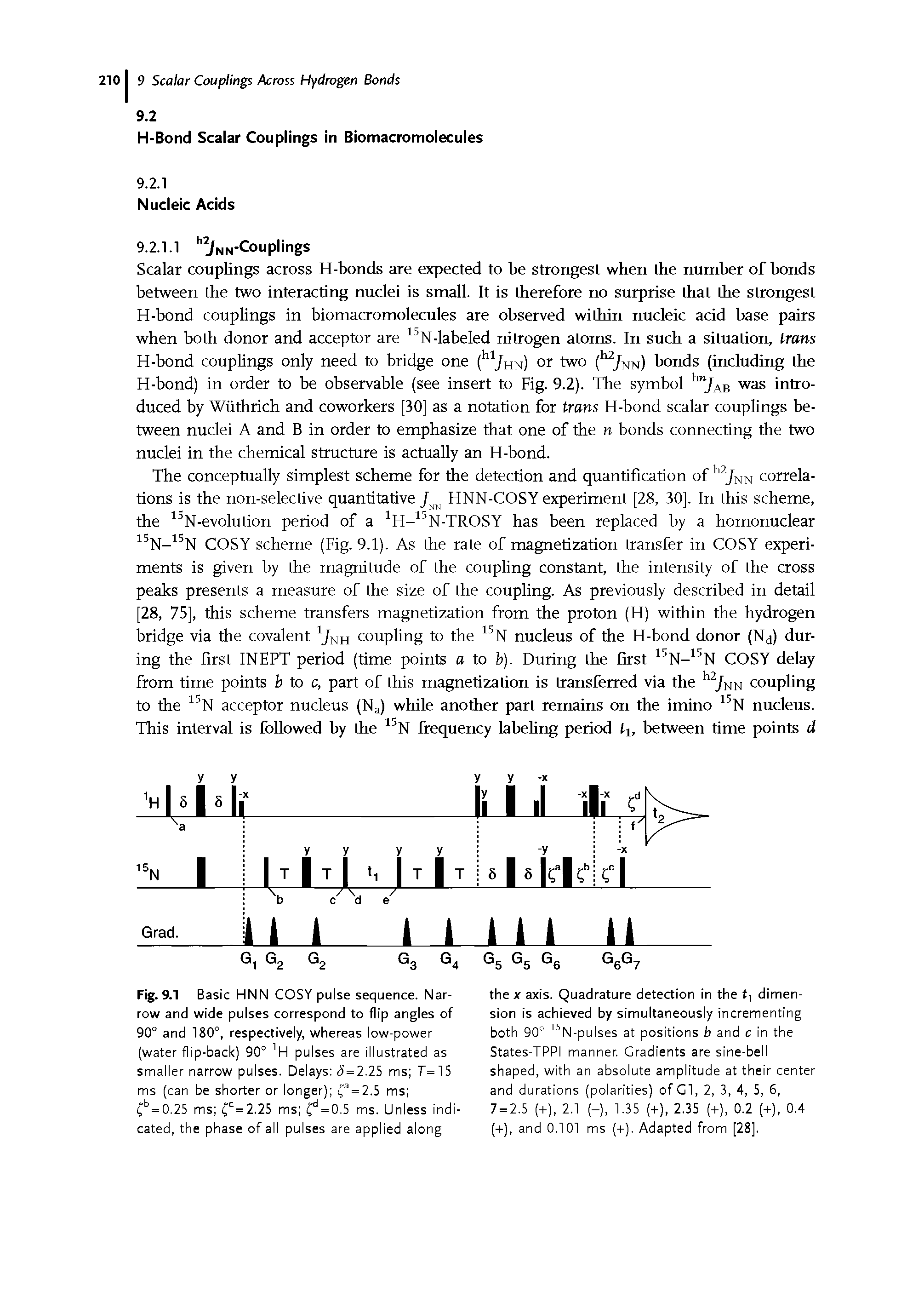 Fig. 9.1 Basic HNN COSY pulse sequence. Narrow and wide pulses correspond to flip angles of 90° and 180°, respectively, whereas low-power (water flip-back) 90° l-l pulses are illustrated as smaller narrow pulses. Delays 8 = 2.25 ms 7=15 ms (can be shorter or longer) (a = 2.5 ms fb = 0.25 ms fc= 2.25 ms fd = 0.5 ms. Unless indicated, the phase of all pulses are applied along...
