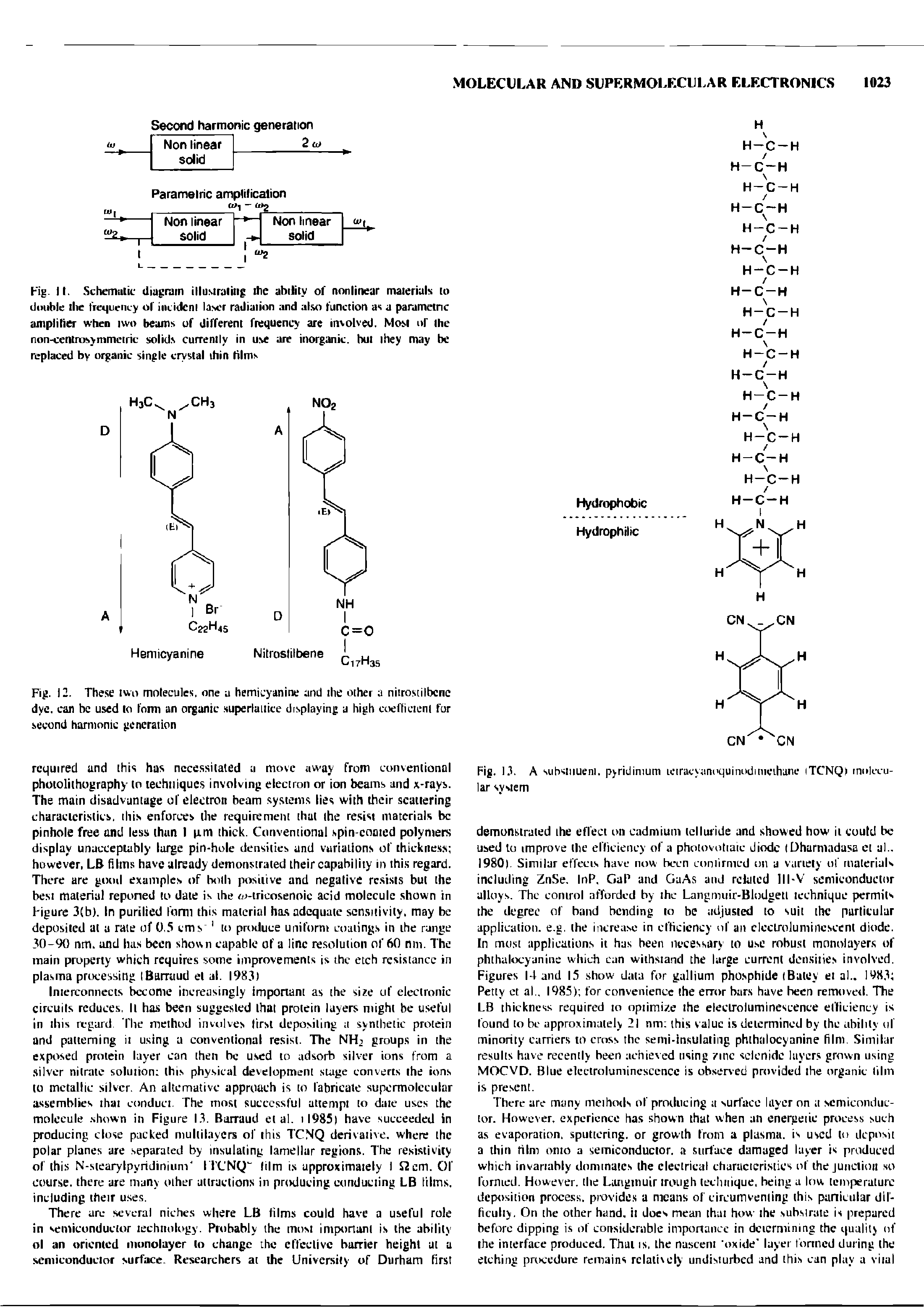 Fig. It. Schematic diagram illustrating ilie ability of nonlinear maierials lo dmible ilie frequency of incident laser radiaiion and also function as a paramedic amplifier when two beams of different frequency are involved. Most nr the non-cetttnosymmeiric solids currently in use are inorganic, hui ihey may be replaced by organic single crystal ihin films...