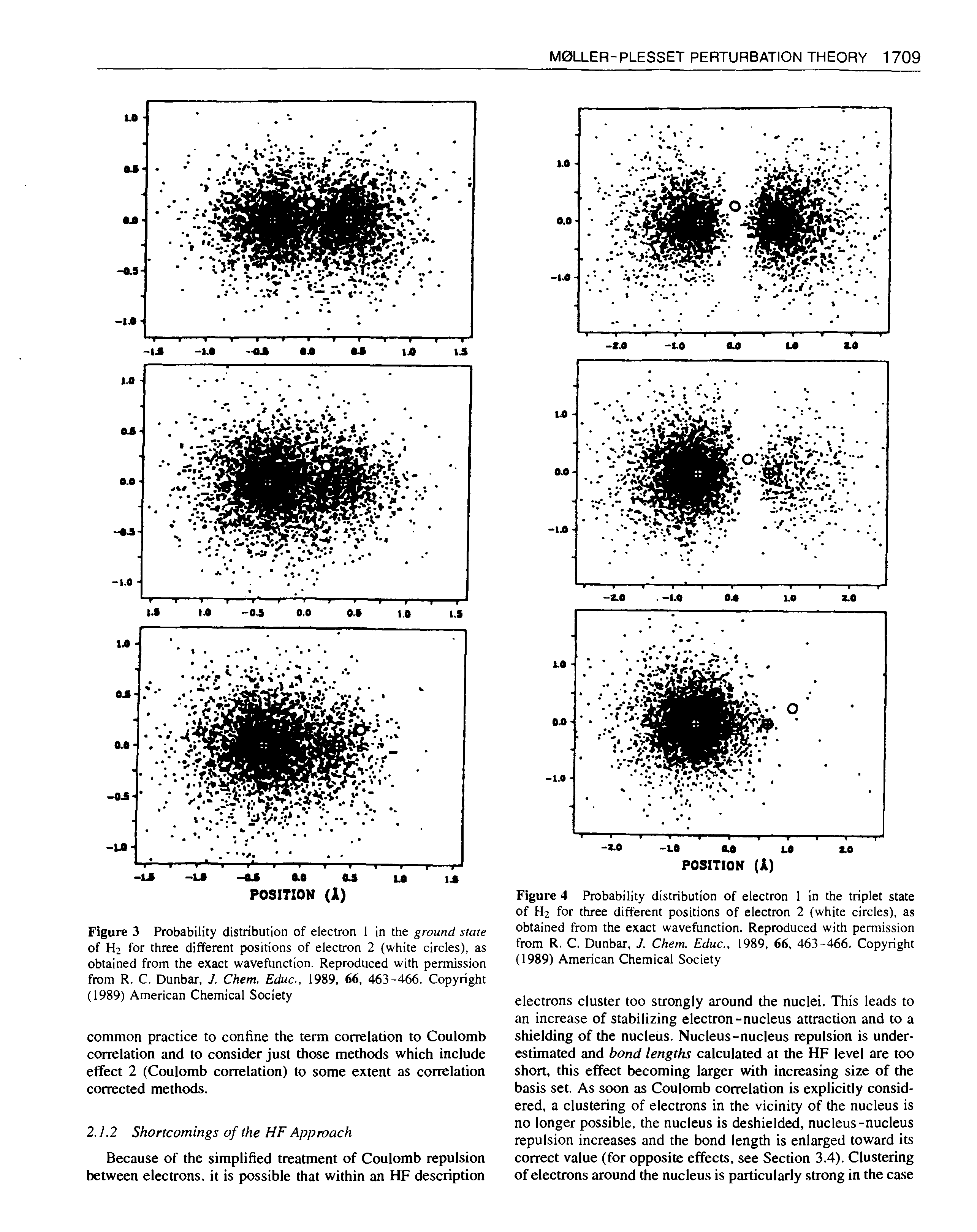 Figure 3 Probability distribution of electron 1 in the ground state of H2 for three different positions of electron 2 (white circles), as obtained from the exact wavefunction. Reproduced with permission from R. C, Dunbar, J, Chem. Educ., 1989, 66, 463-466. Copyright (1989) American Chemical Society...