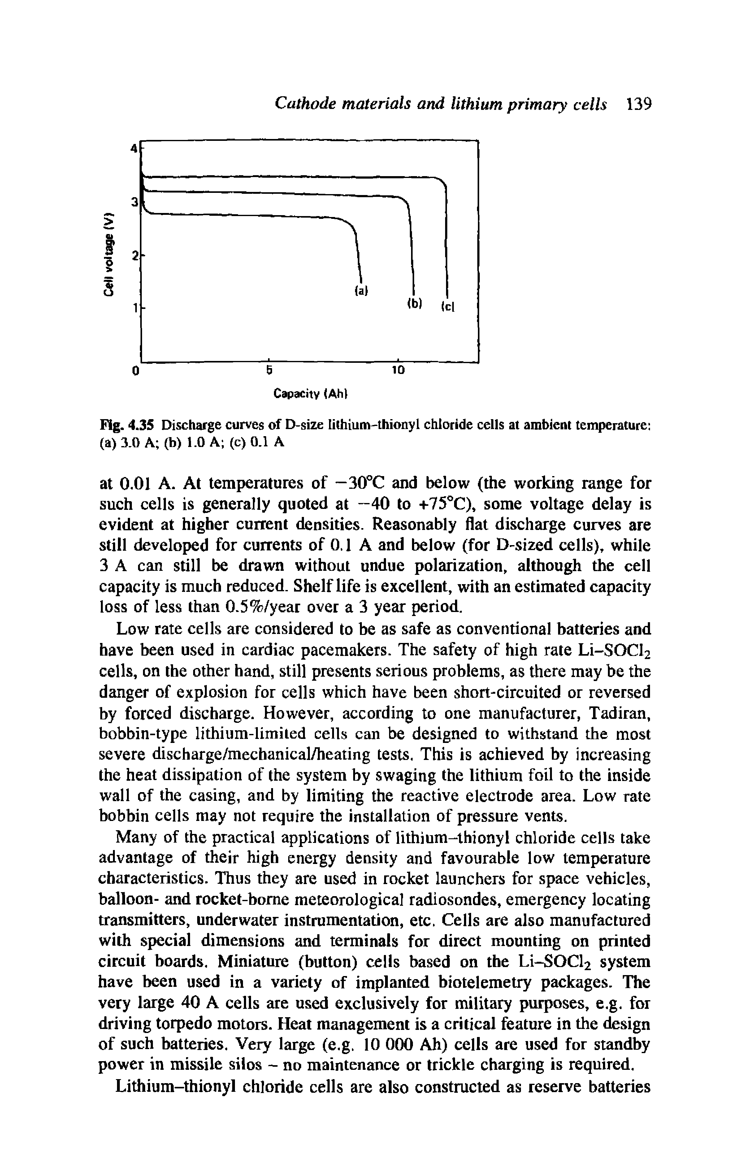 Fig. 4.35 Discharge curves of D-size lithium-thionyl chloride cells at ambient temperature (a) 3.0 A (b) 1.0 A (c) 0.1 A...