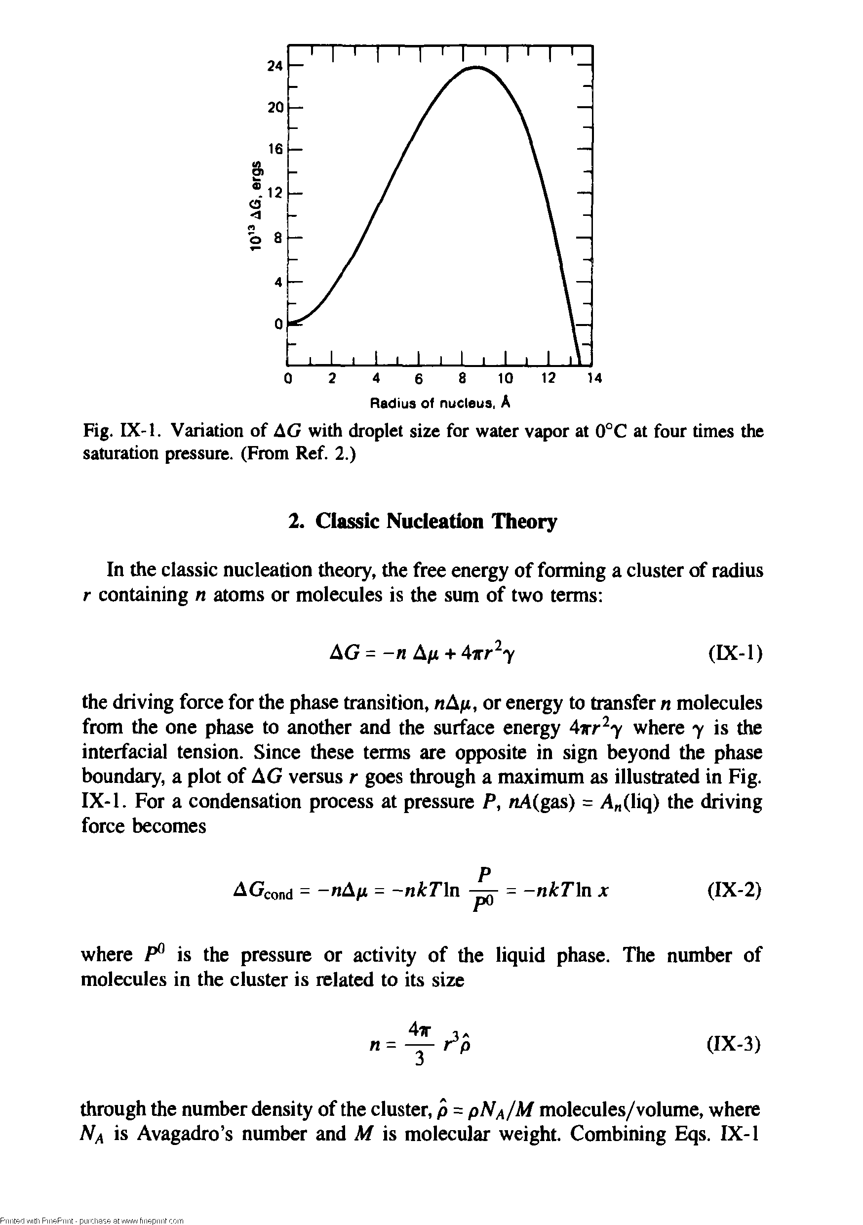 Fig. IX-1. Variation of AG with droplet size for water vapor at 0°C at four times the saturation pressure. (From Ref. 2.)...