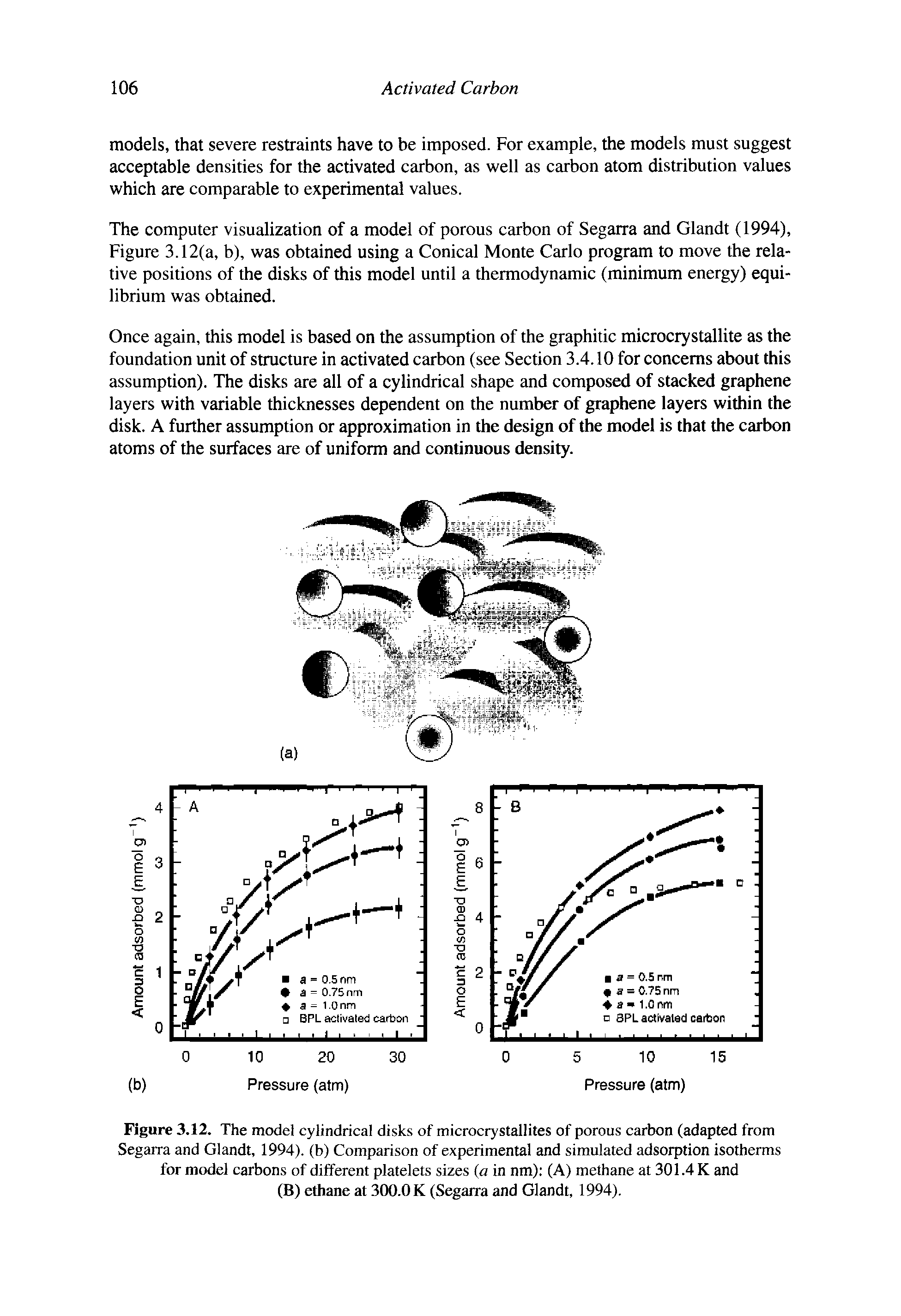 Figure 3.12. The model cylindrical disks of microcrystallites of porous carbon (adapted from Segarra and Glandt, 1994). (b) Comparison of experimental and simulated adsorption isotherms for model carbons of different platelets sizes (a in nm) (A) methane at 301.4 K and (B) ethane at 300.0 K (Segarra and Glandt, 1994).