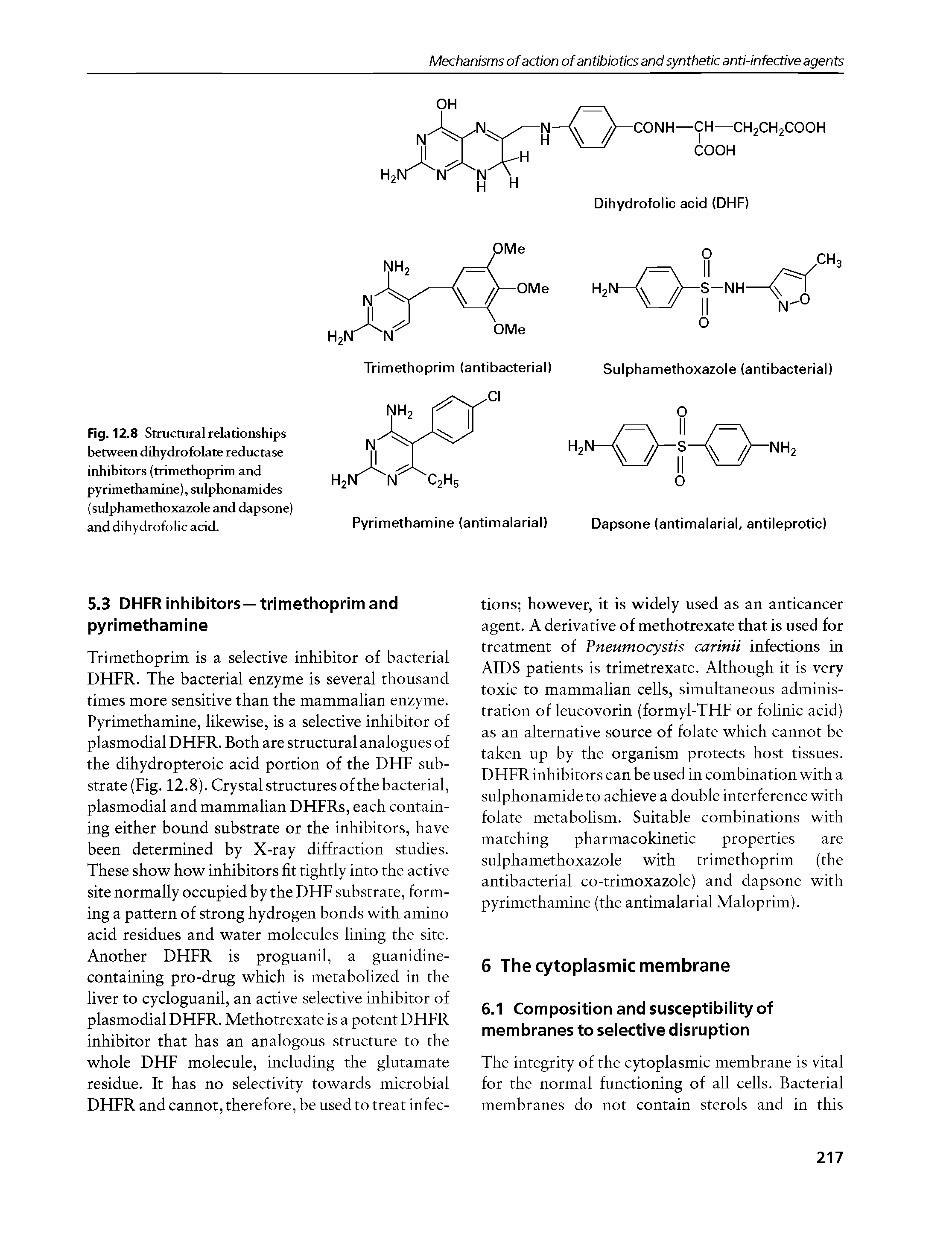 Fig. 12.8 Structural relationships between dihydrofolate reductase inhibitors (trimethoprim and pyrimethamine), sulphonamides (sulphamethoxazole and dapsone) and dihydrofolic acid.