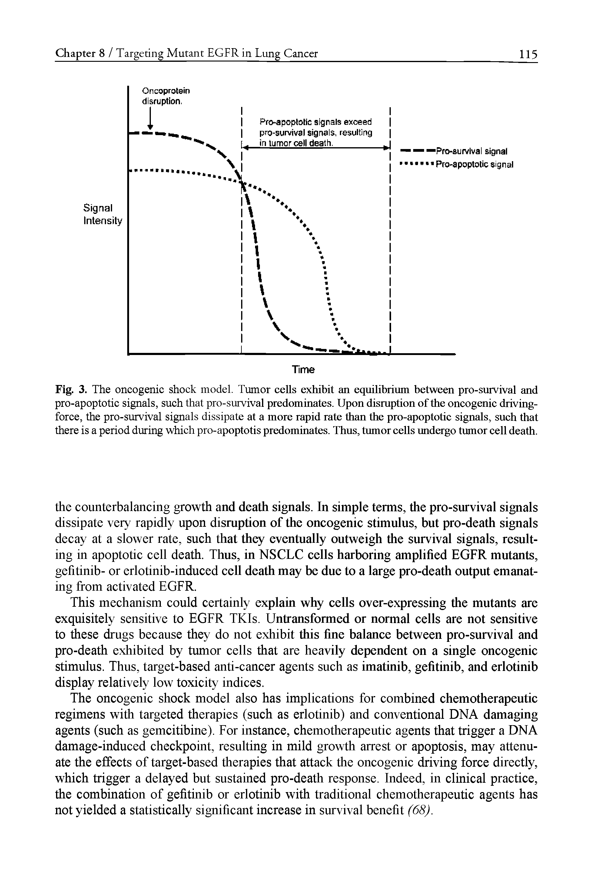 Fig. 3. The oncogenic shock model. Tumor cells exhibit an equilibrium between pro-survival and pro-apoptotic signals, such that pro-survival predominates. Upon disruption of the oncogenic driving-force, the pro-survival signals dissipate at a more rapid rate than the pro-apoptotic signals, such that there is a period during which pro-apoptotis predominates. Thus, tumor cells undergo tumor cell death.