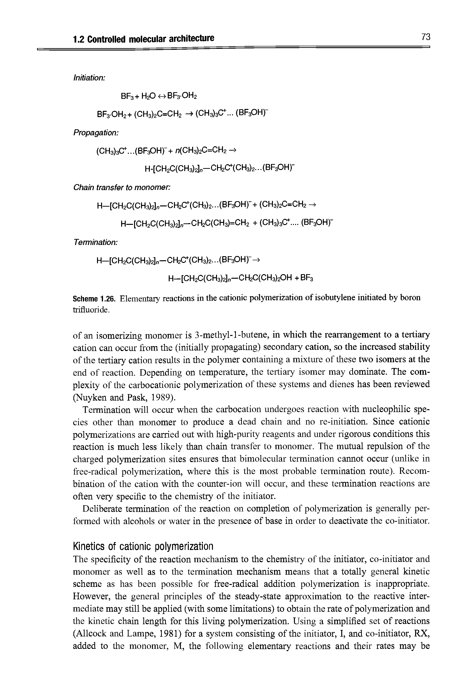 Scheme 1.26. Elementary reactions in the cationic polymerization of isobutylene initiated by boron...