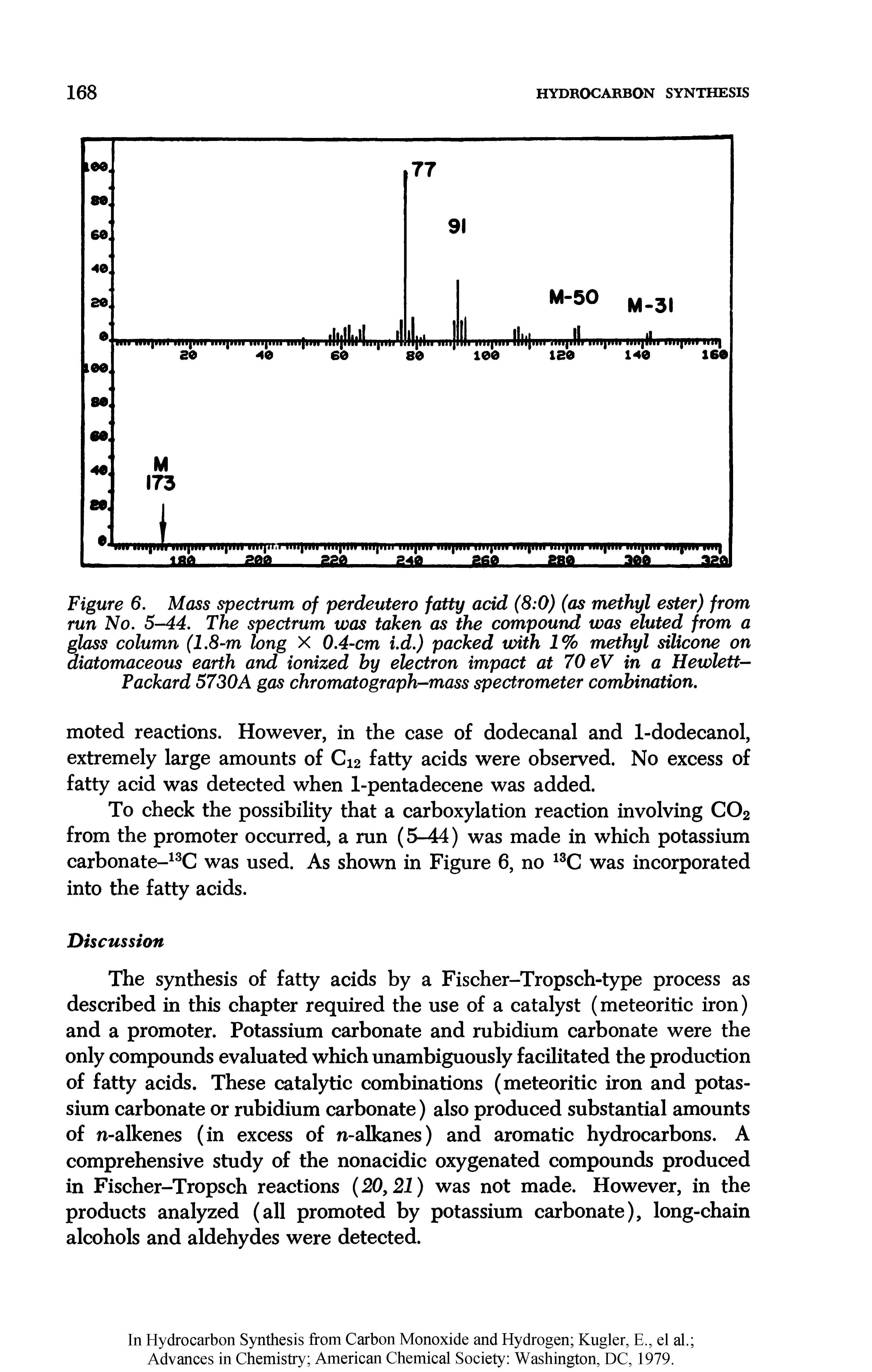 Figure 6. Mass spectrum of perdeutero fatty acid (8 0) (as methyl ester) from run No. 5-44. The spectrum was taken as the compound was eluted from a glass column (1.8 m long X 0.4-cm i.d.) packed with 1% methyl silicone on diatomaceous earth and ionized by electron impact at 70 eV in a Hewlett-Packard 5730A gas chromatograph-mass spectrometer combination.
