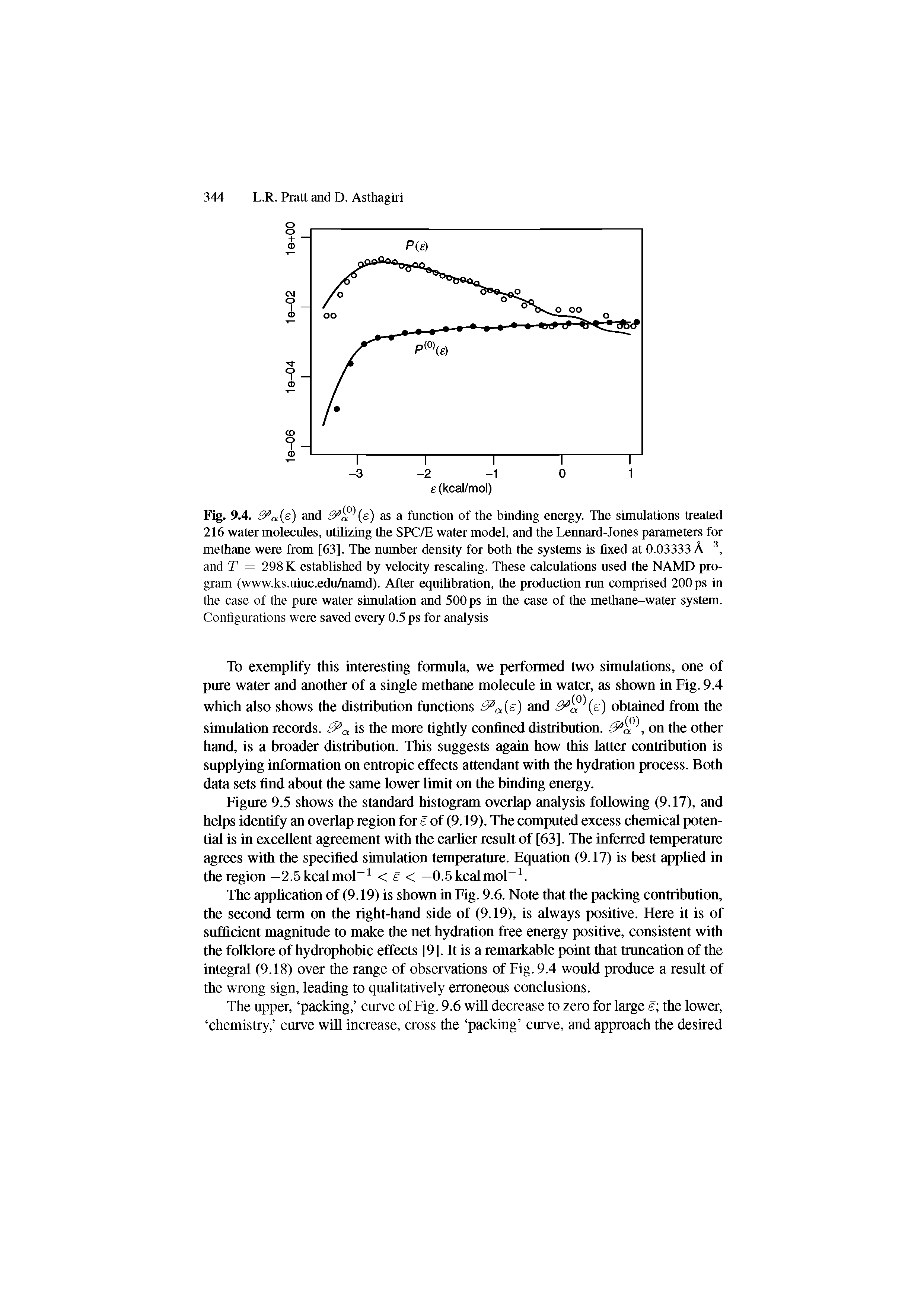 Fig. 9.4. Pa (e) and (e) as a function of the binding energy. The simulations treated 216 water molecules, utilizing the SPC/E water model, and the Lennard-Jones parameters for methane were from [63]. The number density for both the systems is fixed at 0.03333 A 3, and T = 298 K established by velocity rescaling. These calculations used the NAMD program (www.ks.uiuc.edu/namd). After equilibration, the production run comprised 200 ps in the case of the pure water simulation and 500 ps in the case of the methane-water system. Configurations were saved every 0.5 ps for analysis...