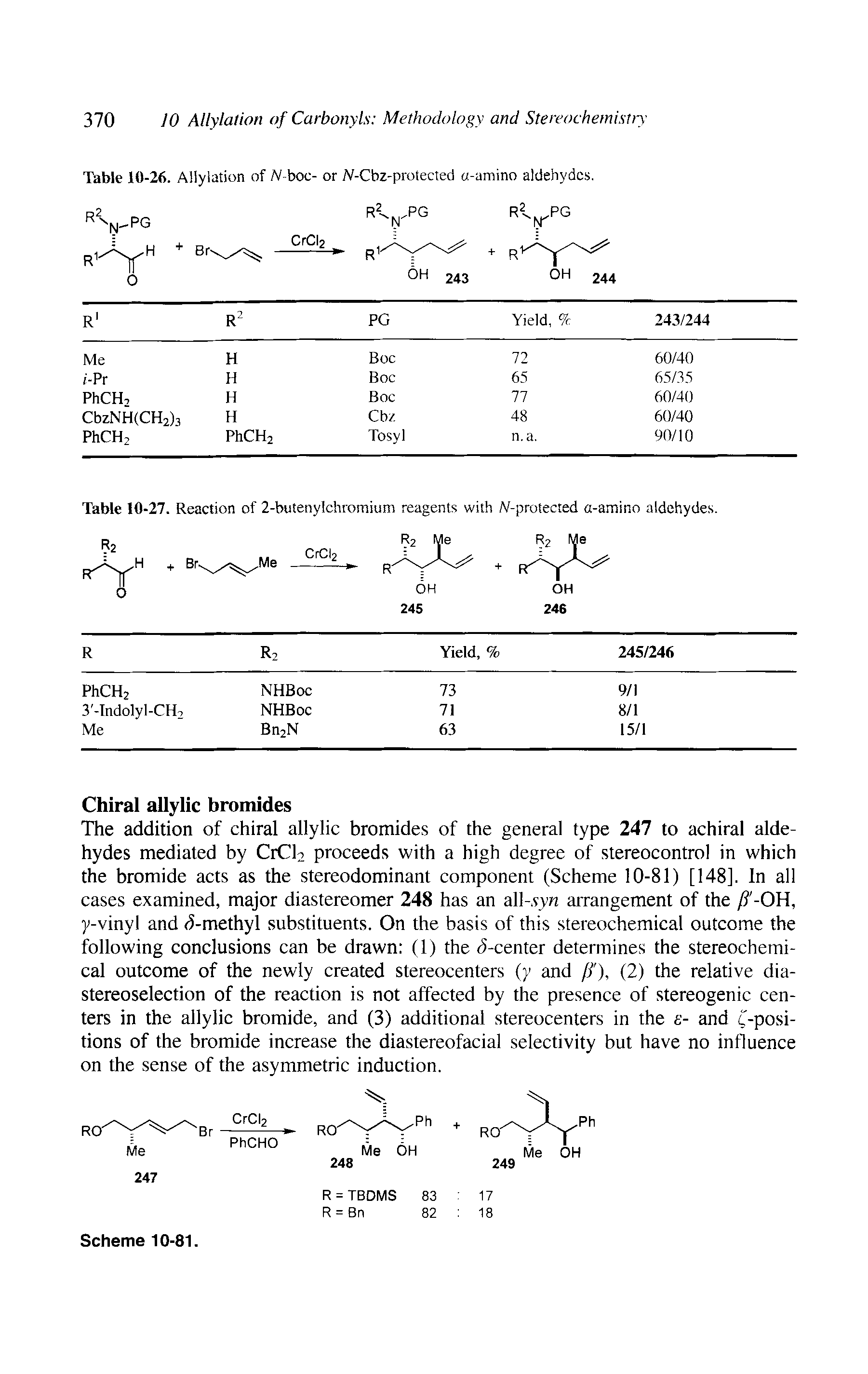Table 10-27. Reaction of 2-butenylchromium reagents with W-protected a-amino aldehydes.