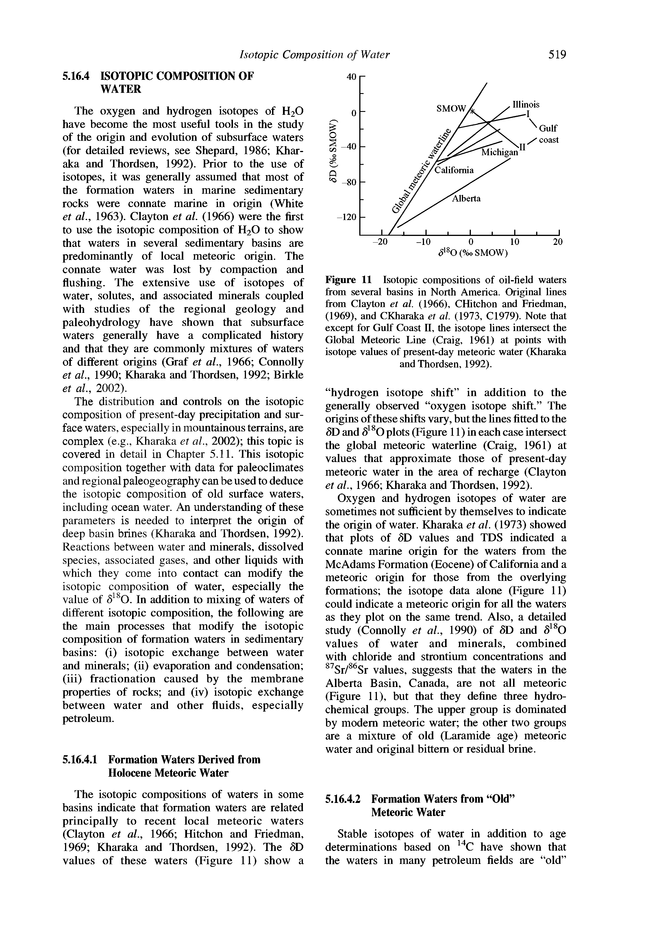 Figure 11 Isotopic compositions of oil-field waters from several basins in North America. Original lines from Cla3fton et al. (1966), CHitchon and Friedman, (1969), and CKharaka et al. 0973, C1979). Note that except for Gulf Coast II, the isotope lines intersect the Global Meteoric Line (Craig, 1961) at points with isotope values of present-day meteoric water (Kharaka and Thordsen, 1992).