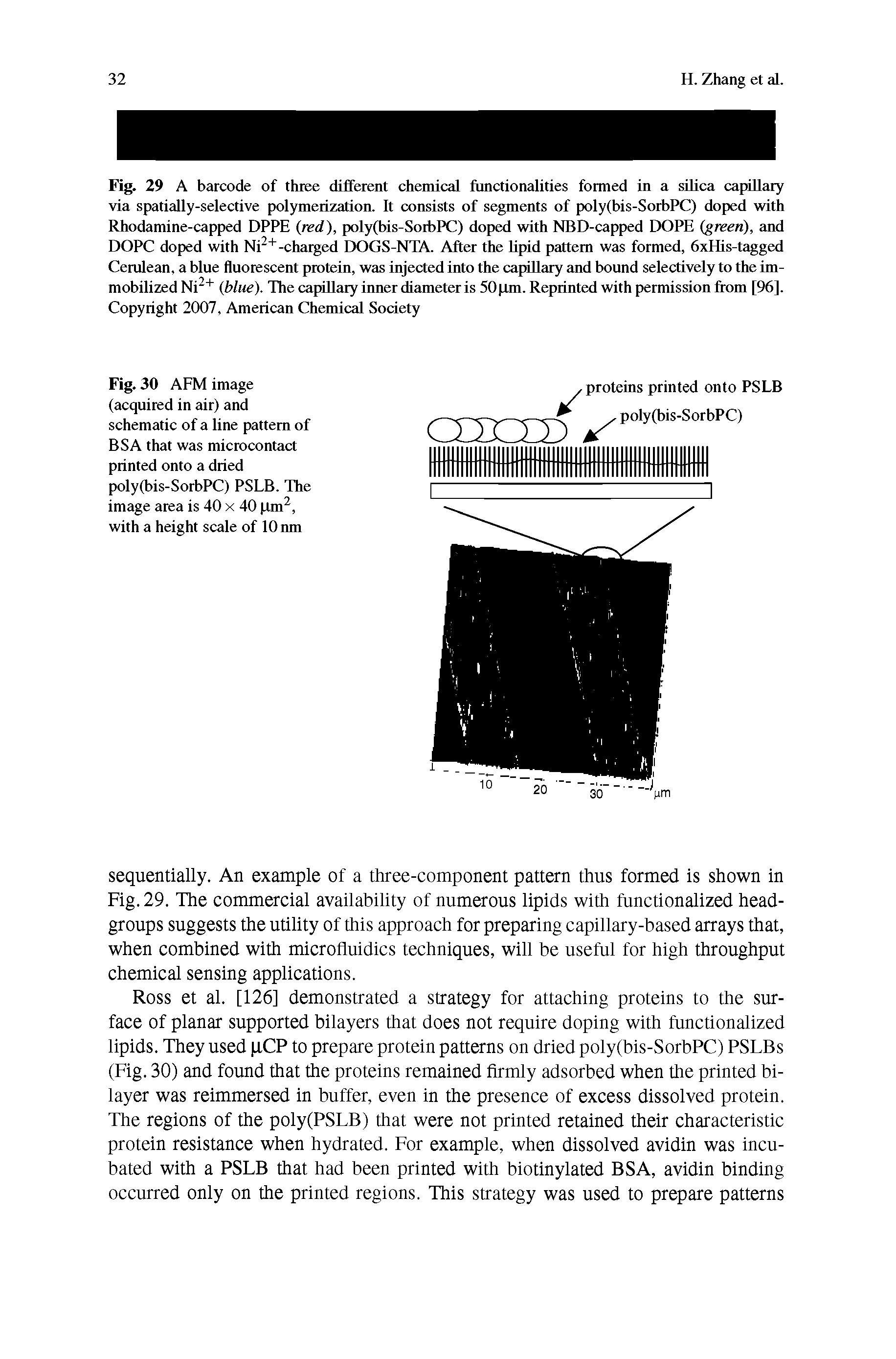 Fig. 29 A barcode of three different chemical functionalities formed in a silica capillary via spatially-selective polymerization. It consists of segments of poly(bis-SorbPC) doped with Rhodamine-capped DPPE (red), poly(bis-SorbPC) doped with NBD-capped DOPE (green), and DOPC doped with Ni2+-charged DOGS-NTA. After the lipid pattern was formed, 6xHis-tagged Cerulean, a blue fluorescent protein, was injected into the capillary and bound selectively to the immobilized Ni2+ (blue). The capillary inner diameter is 50 pm. Reprinted with permission from [96]. Copyright 2007, American Chemical Society...