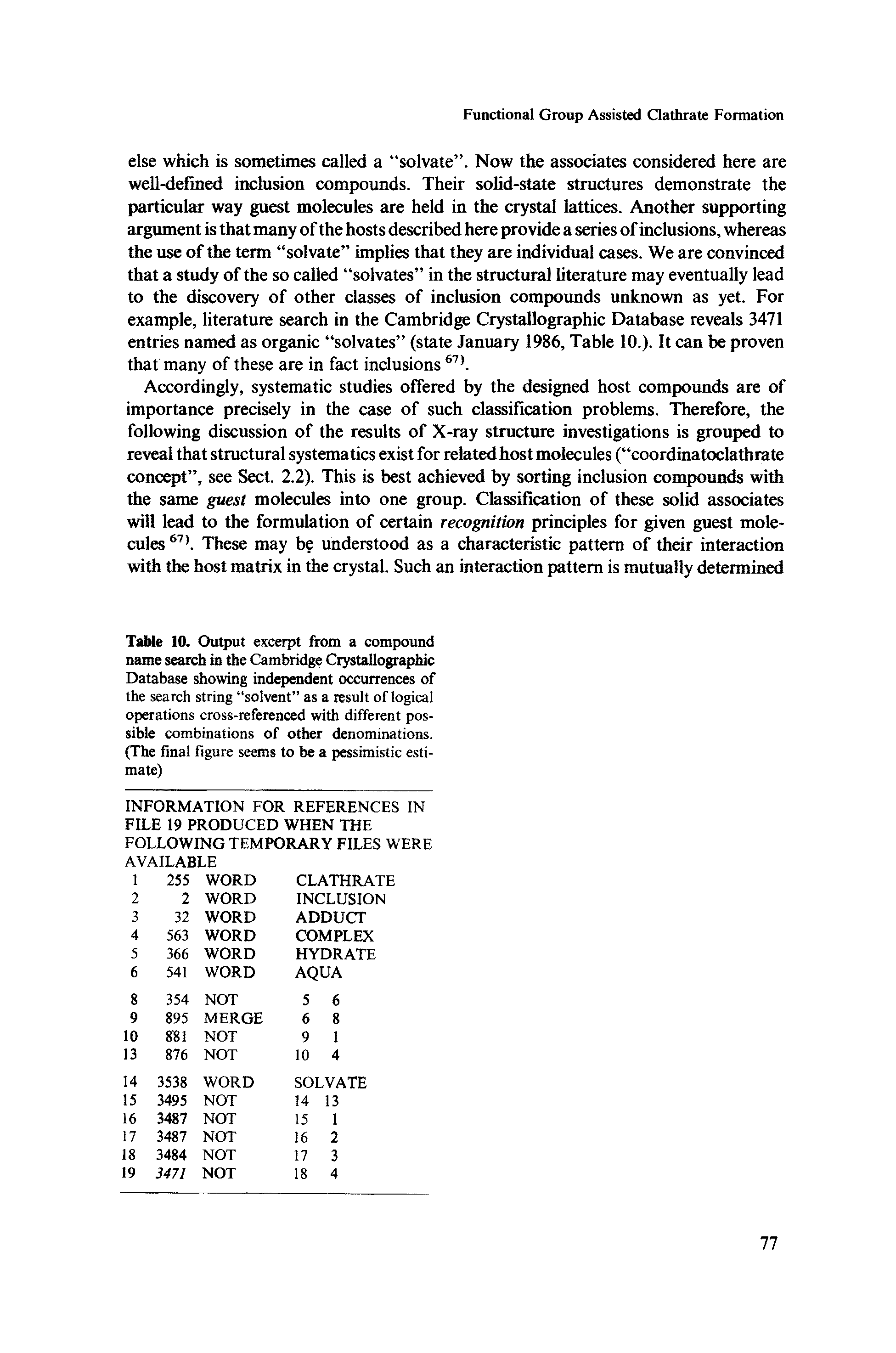 Table 10. Output excerpt from a compound name search in the Cambridge Crystallographic Database showing independent occurrences of the search string solvent as a result of logical operations cross-referenced with different possible combinations of other denominations. (The final figure seems to be a pessimistic estimate)...