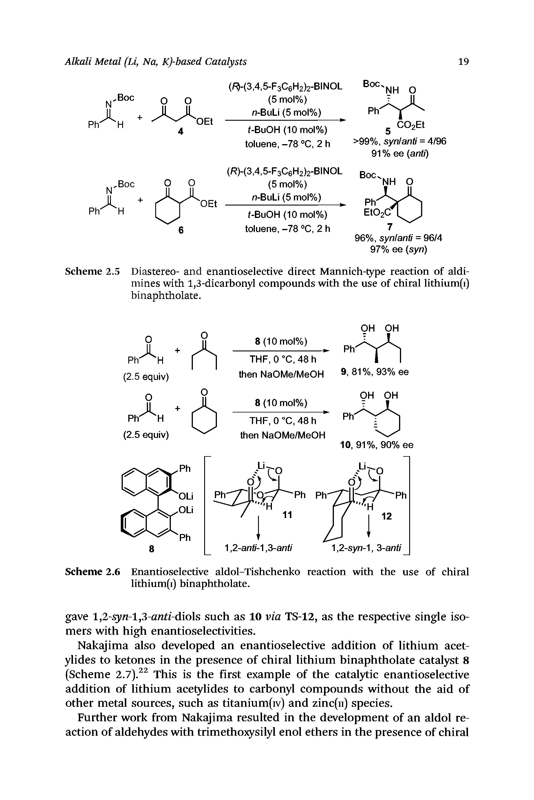 Scheme 2.5 Diastereo- and enantioselective direct Mannich-type reaction of aldi-mines with 1,3-dicarbonyl compounds with the use of chiral lithium(i) binaphtholate.
